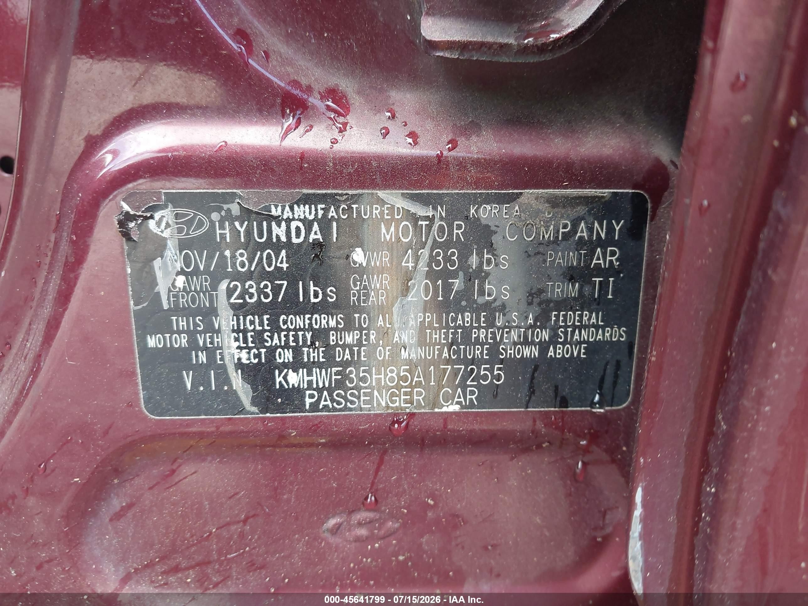 2005 Hyundai Sonata Gls/lx Burgundy vin: KMHWF35H85A177255