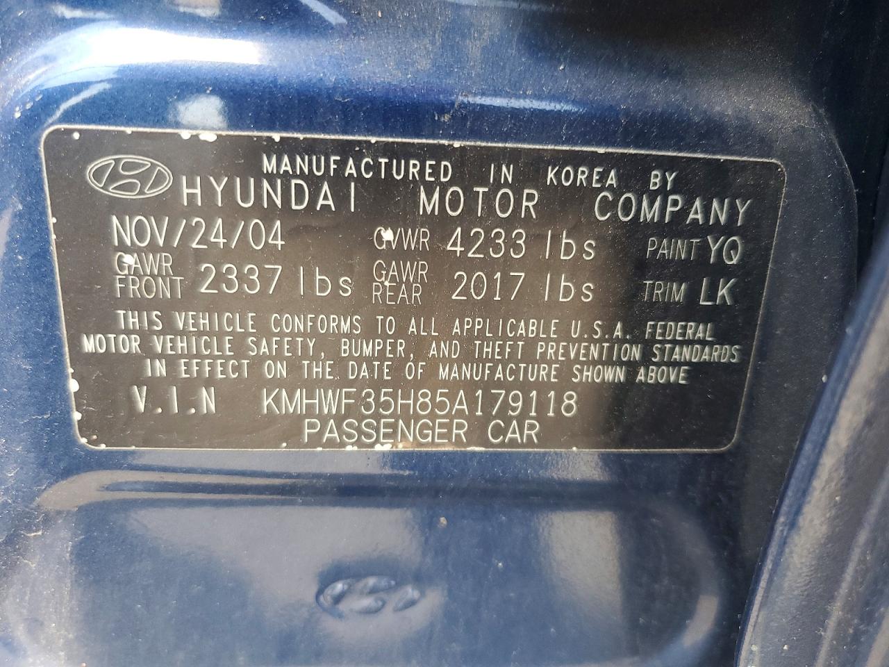 2005 Hyundai Sonata Gls Blue vin: KMHWF35H85A179118