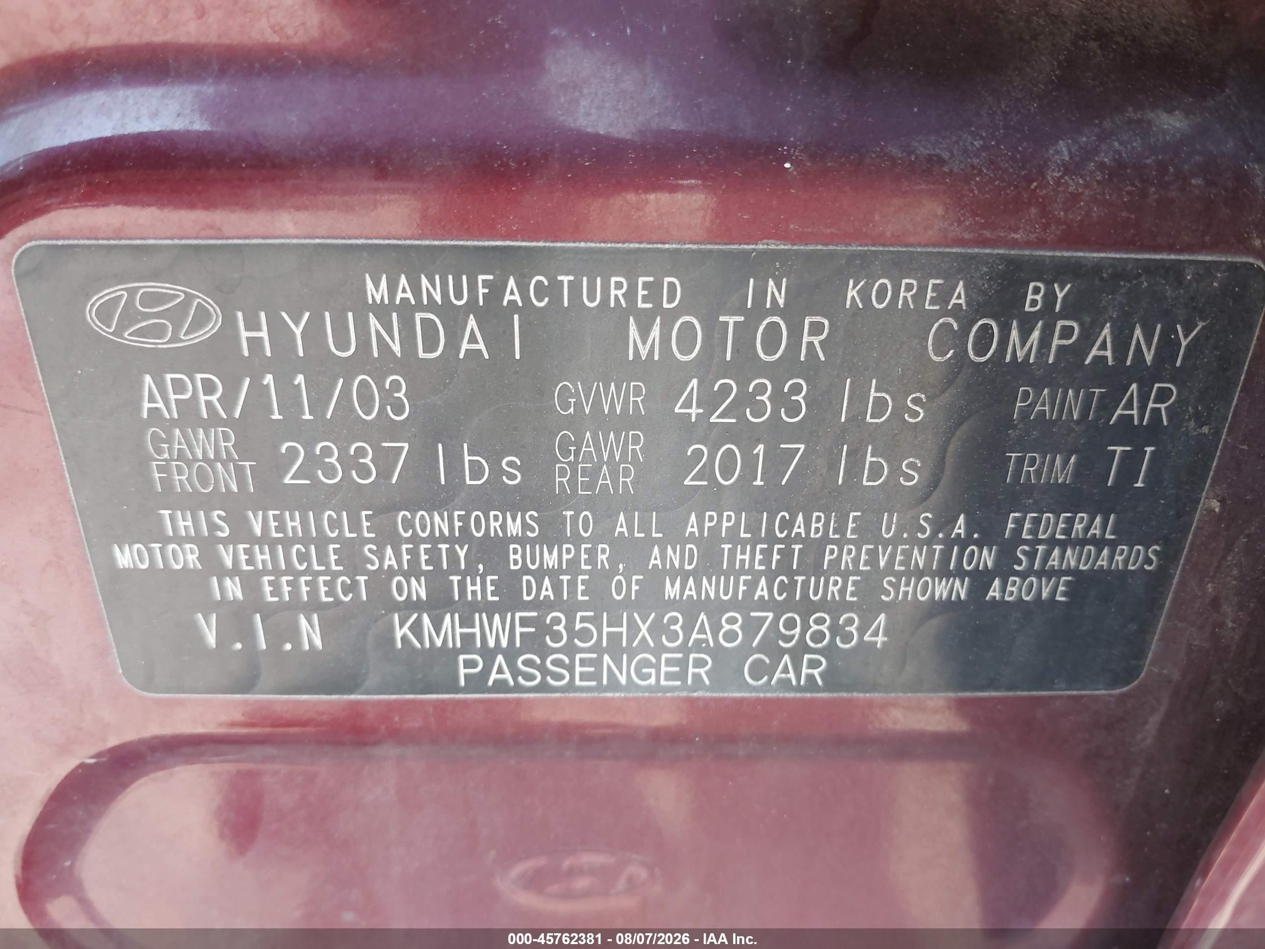 2003 Hyundai Sonata Gls/lx Maroon vin: KMHWF35HX3A879834