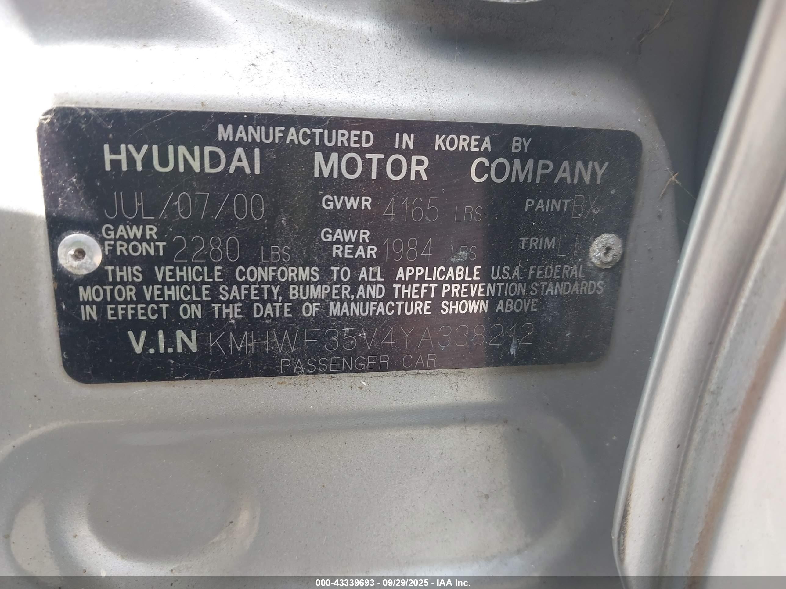 2000 Hyundai Sonata Gls V6 Silver vin: KMHWF35V4YA338212
