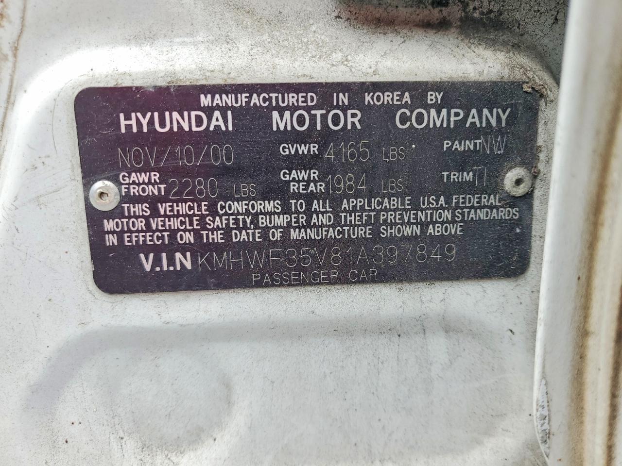 2001 Hyundai Sonata White vin: KMHWF35V81A397849