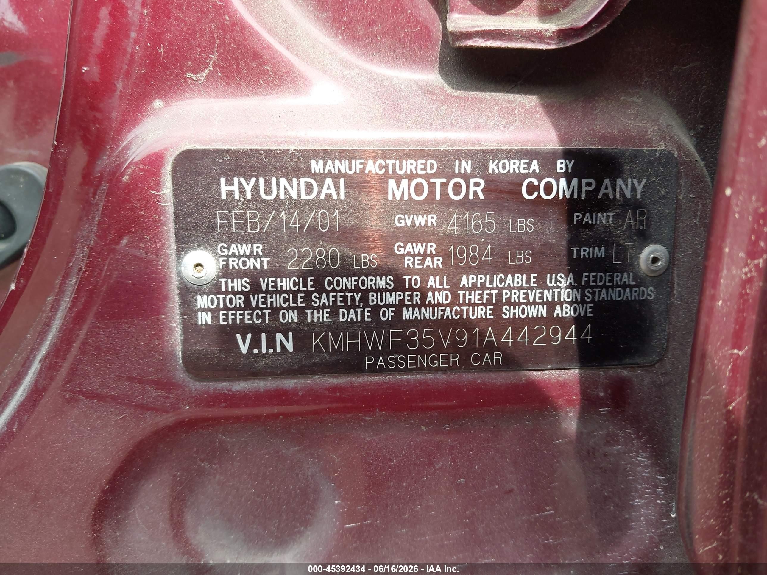 2001 Hyundai Sonata Gls/gls W/leather Красный vin: KMHWF35V91A442944