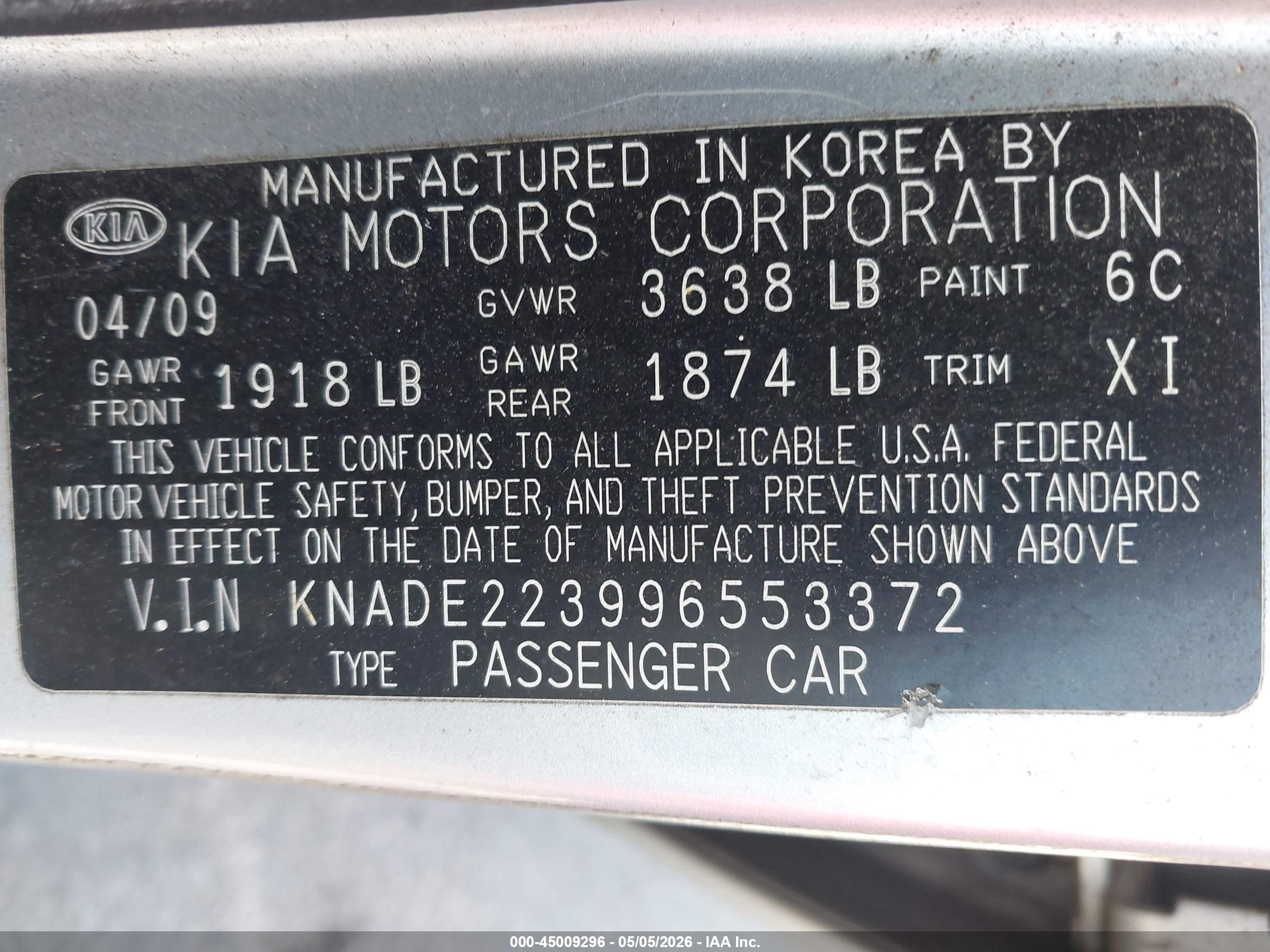 2009 Kia Rio Lx/sx Silver vin: KNADE223996553372