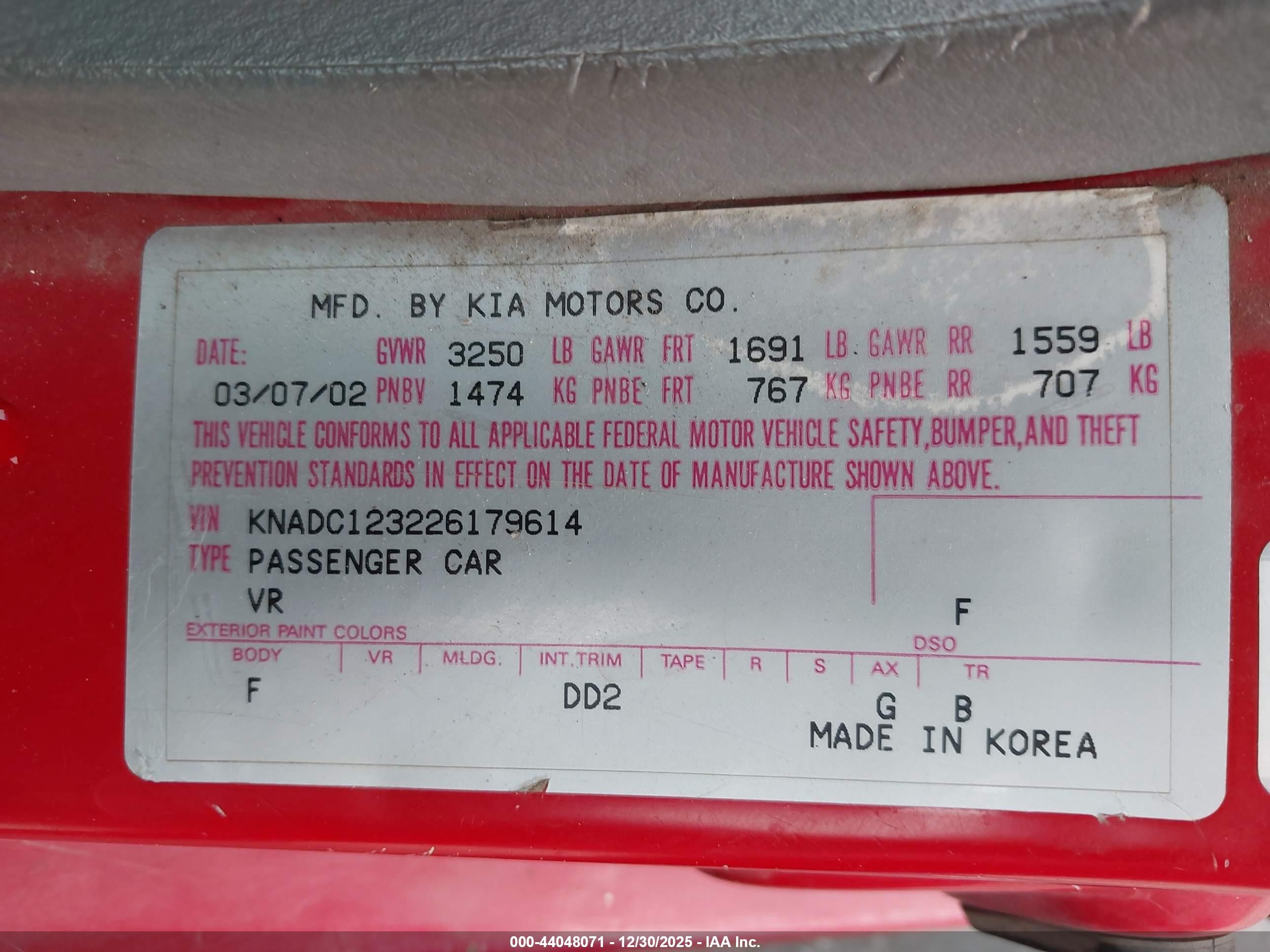 2002 Kia Rio   Red vin: KNADC123226179614
