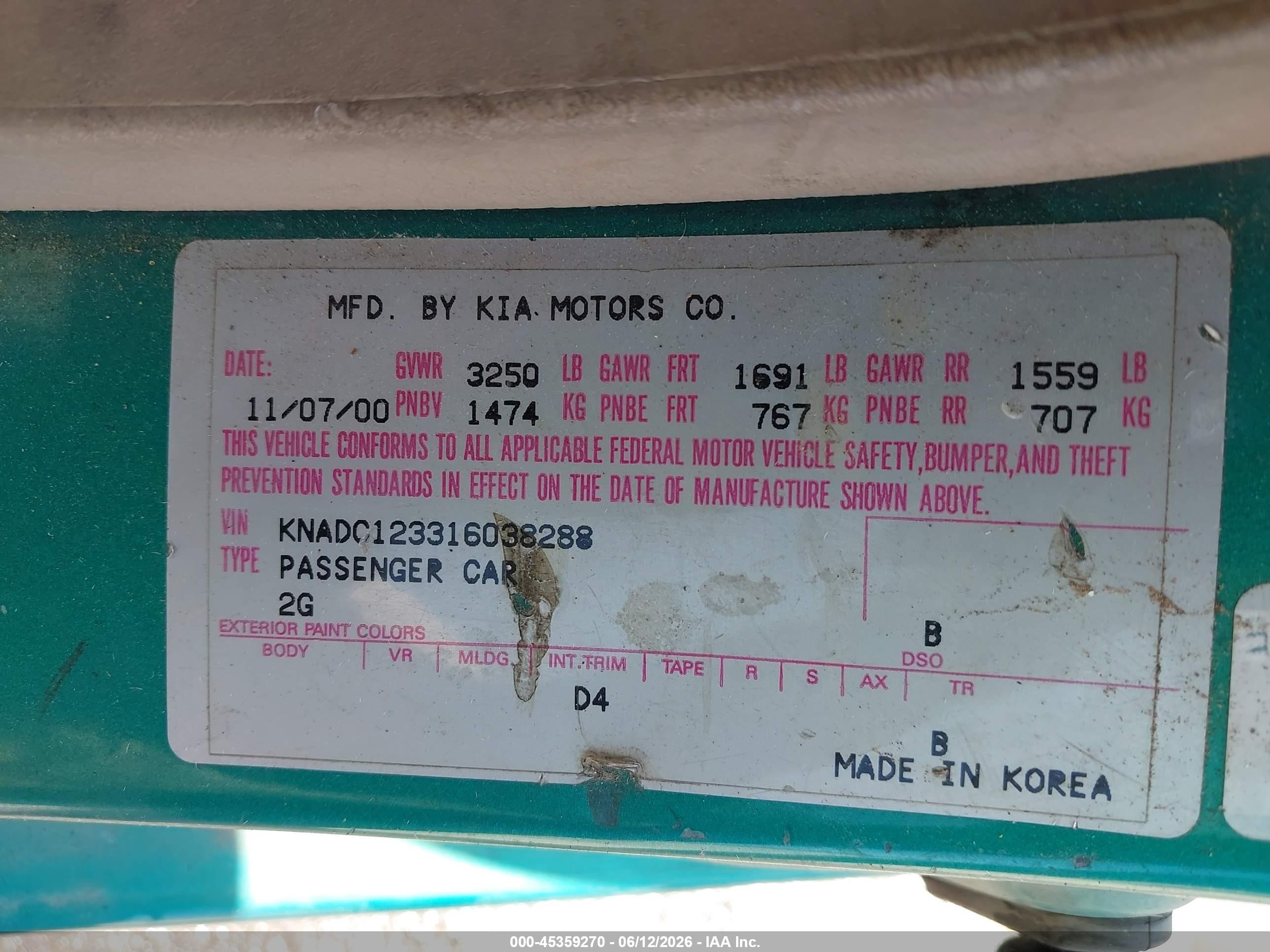 2001 Kia Rio   Green vin: KNADC123316038288