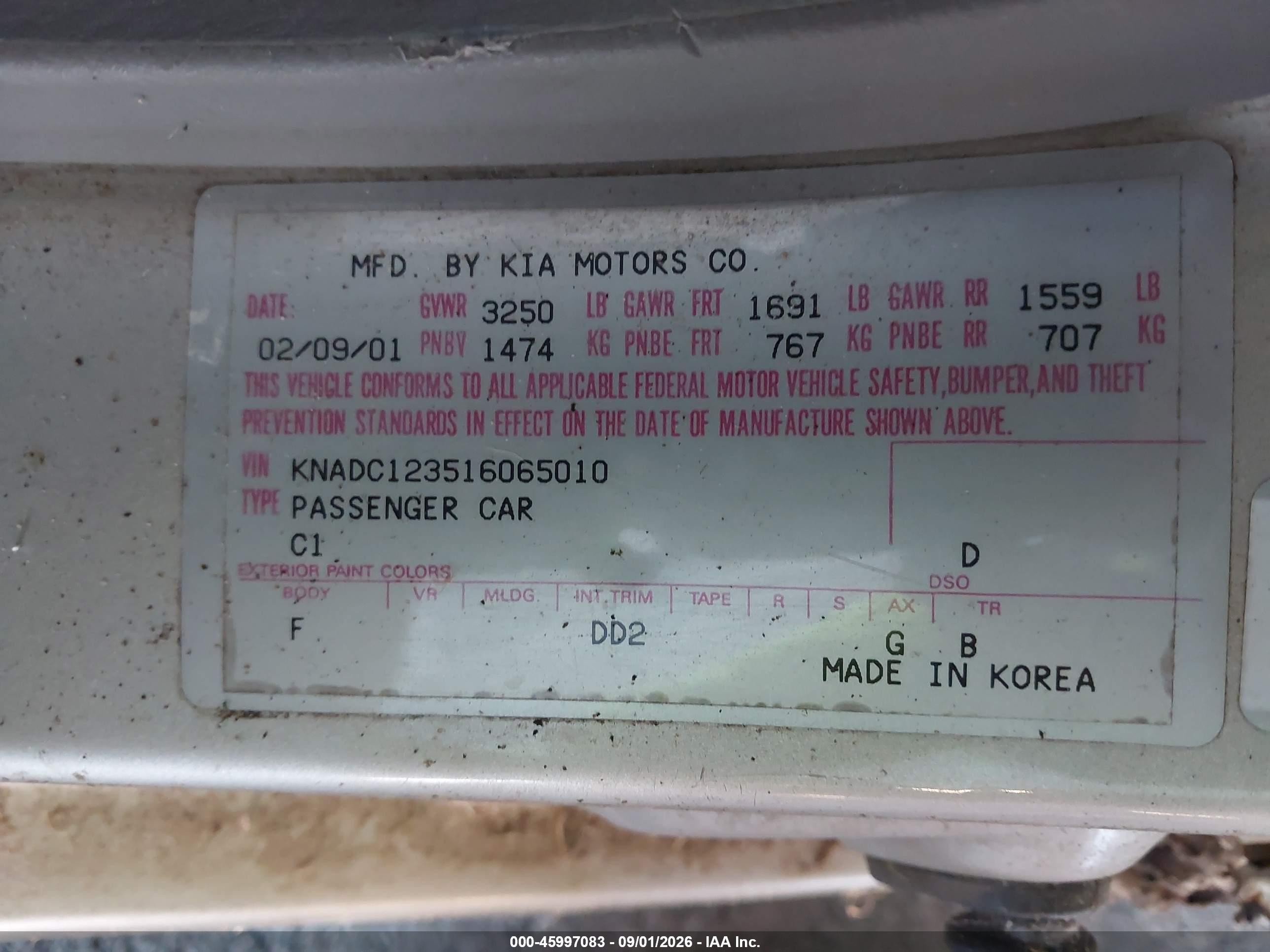 2001 Kia Rio   Gray vin: KNADC123516065010