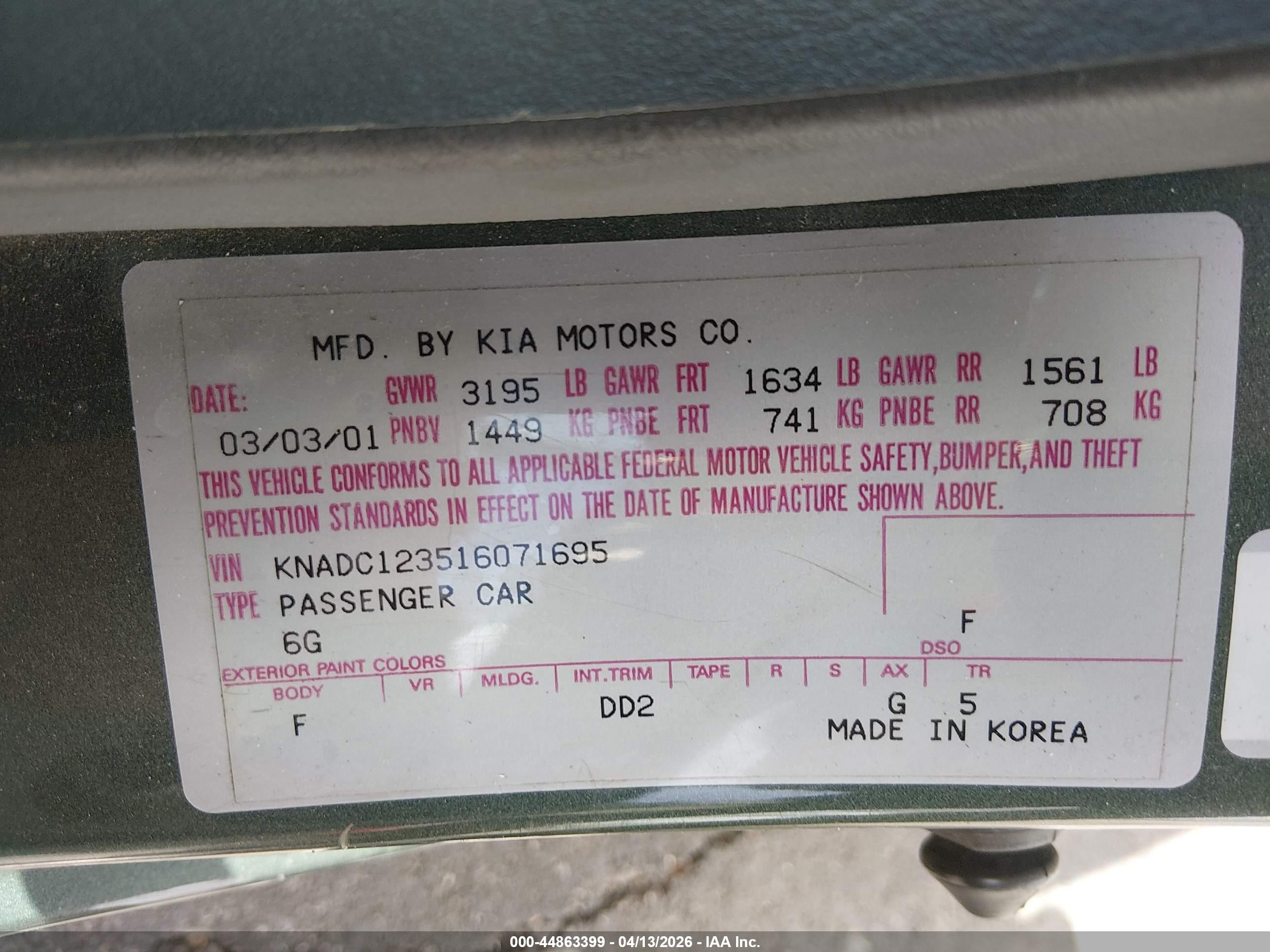 2001 Kia Rio   Зеленый vin: KNADC123516071695