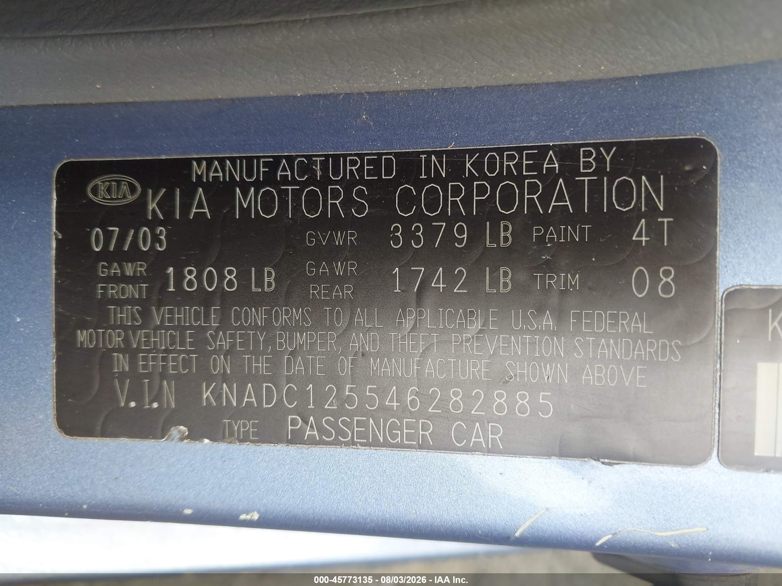 2004 Kia Rio   Blue vin: KNADC125546282885