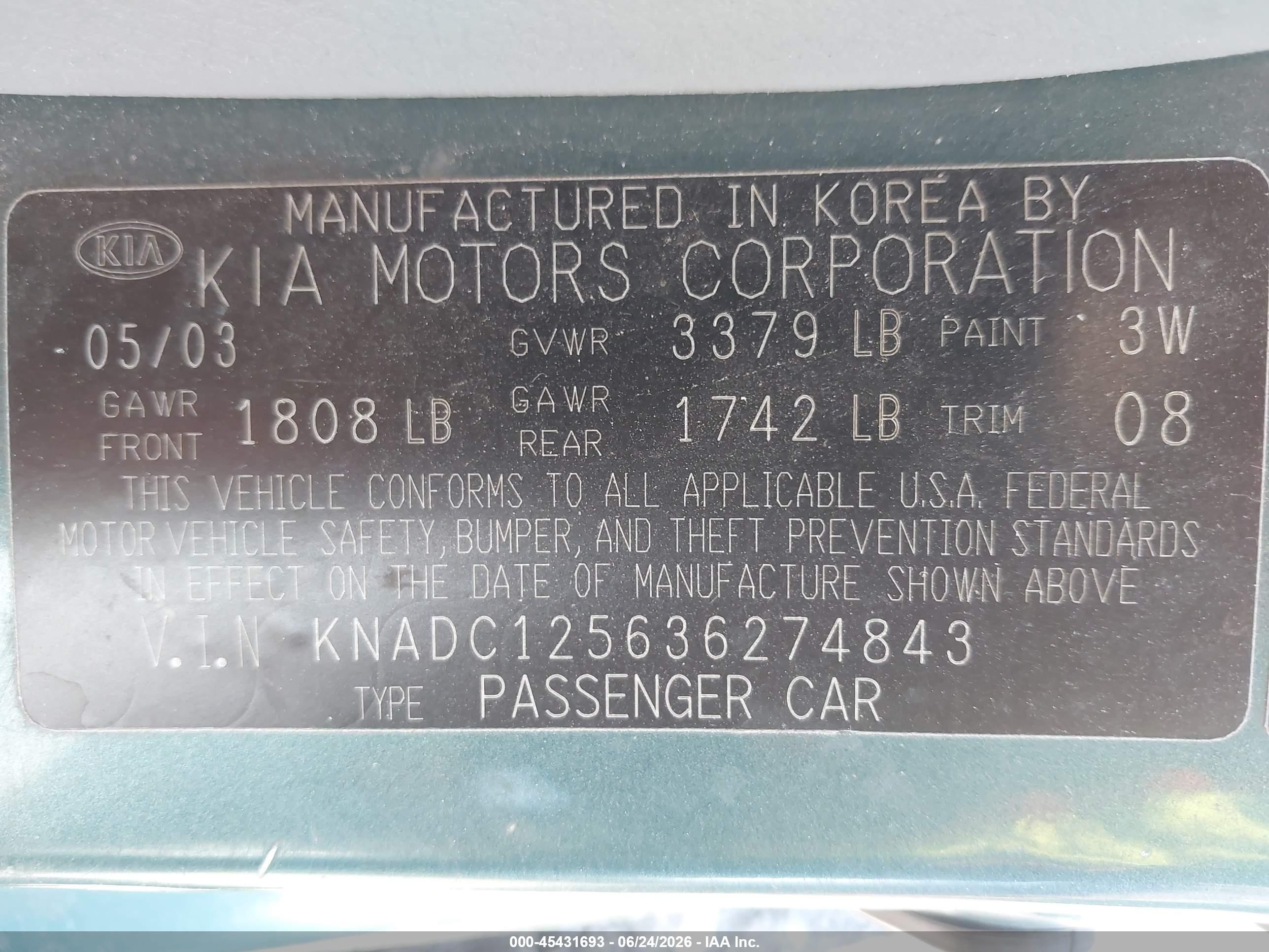 2003 Kia Rio   Green vin: KNADC125636274843