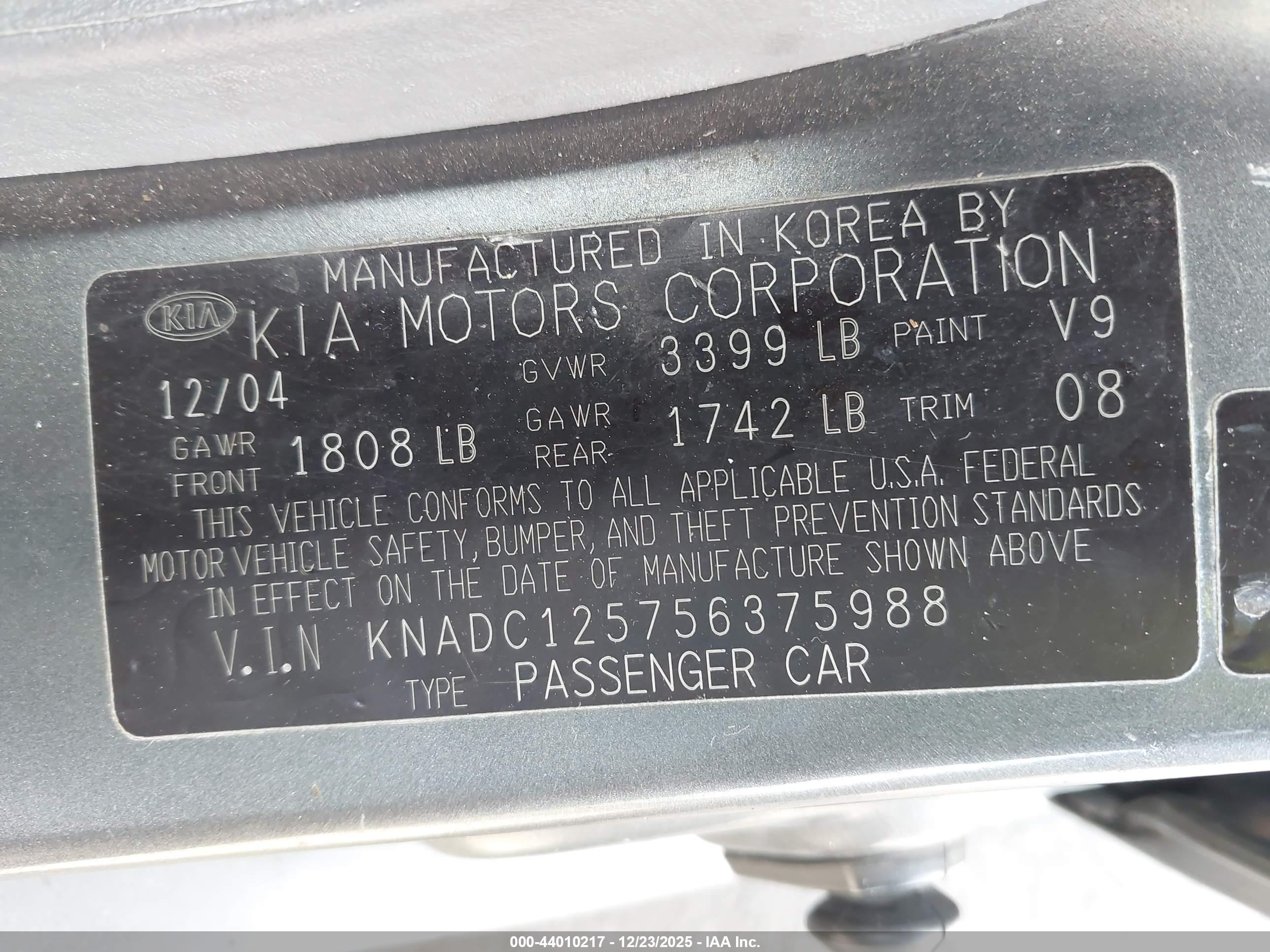 2005 Kia Rio   Gray vin: KNADC125756375988