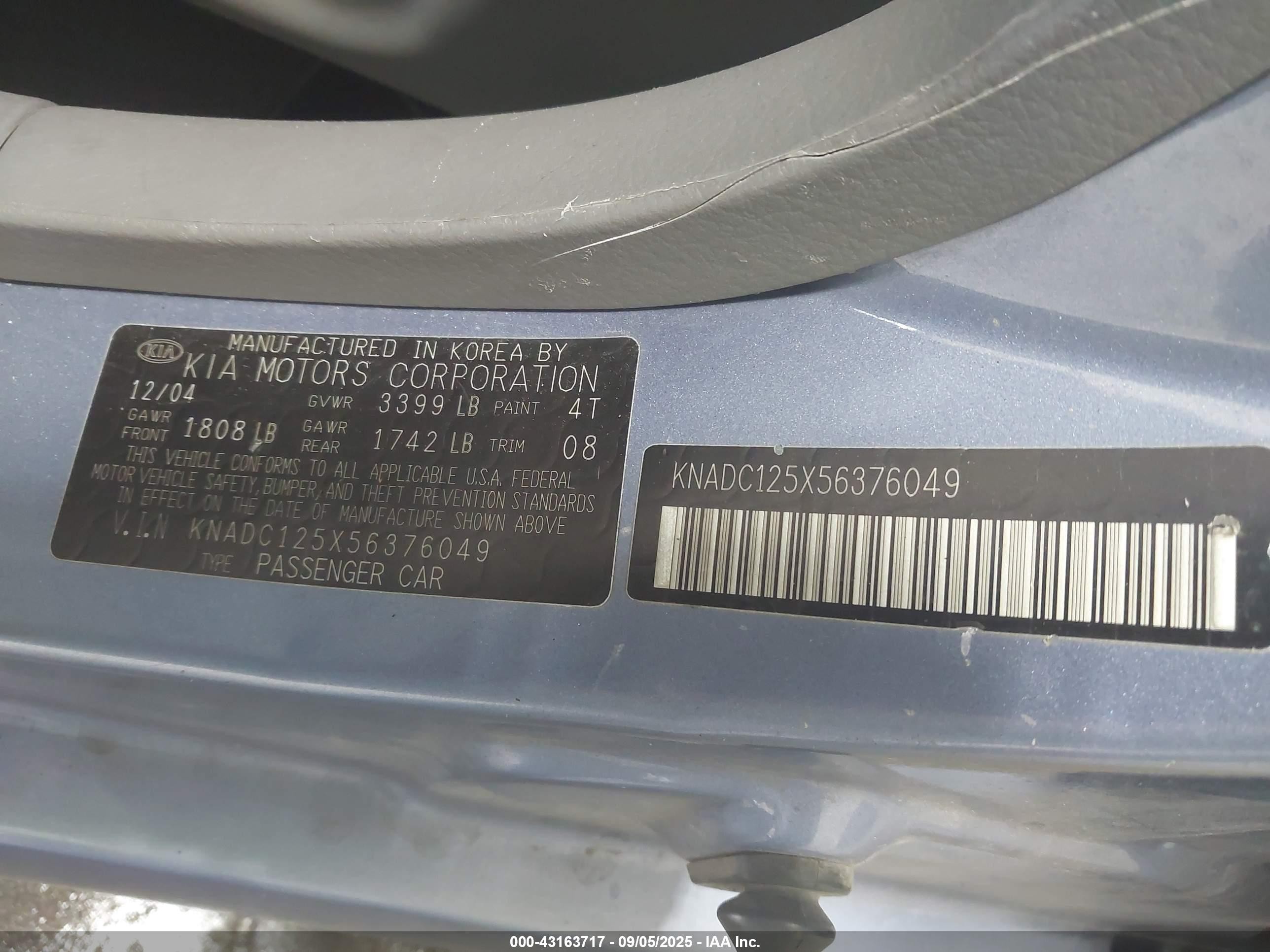 2005 Kia Rio   Blue vin: KNADC125X56376049