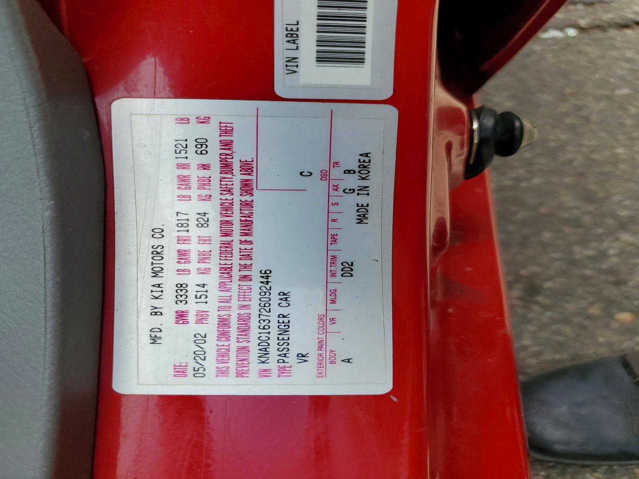 2003 Kia Rio Cinco Red vin: KNADC163726092446