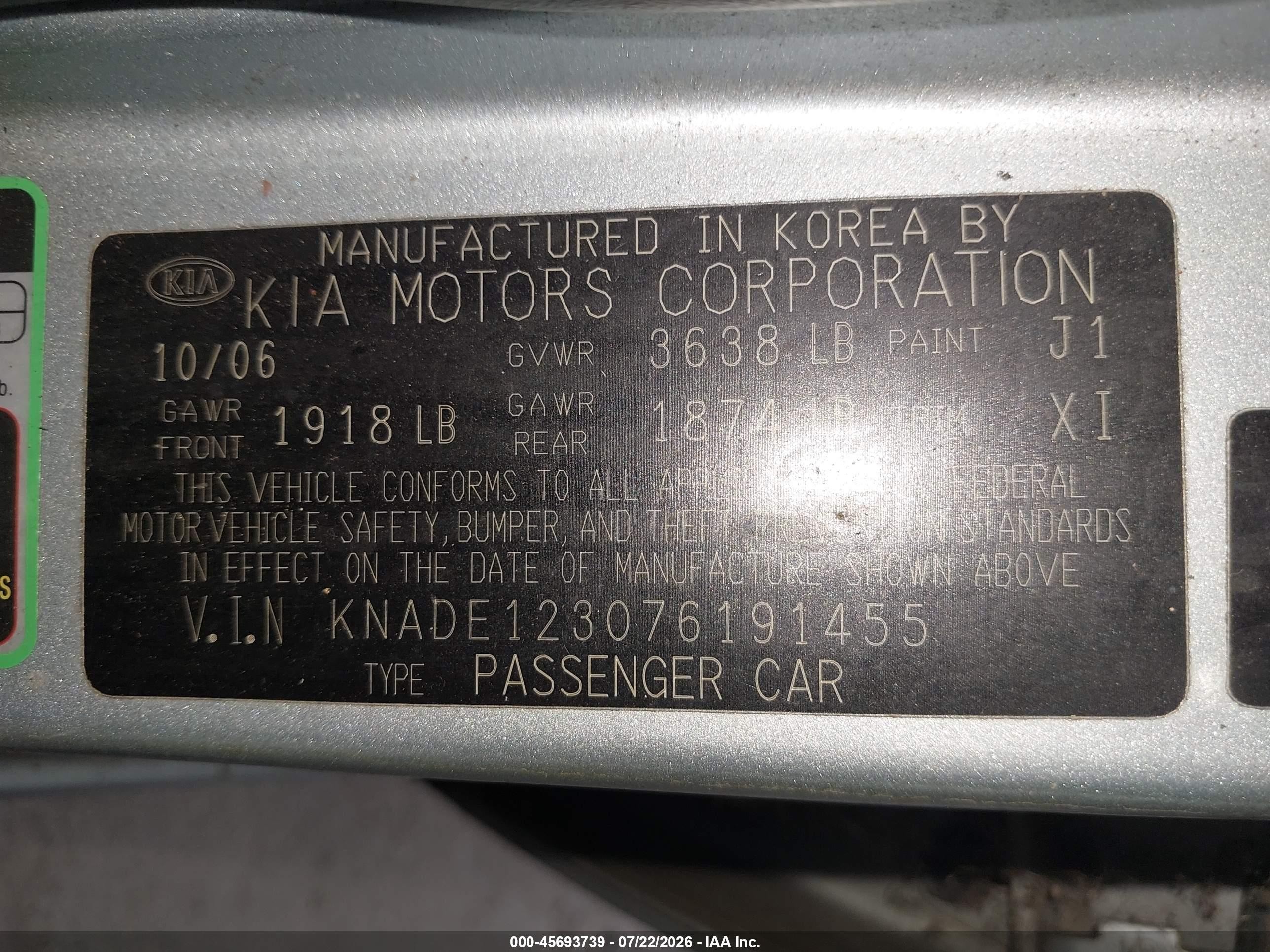 2007 Kia Rio Lx Gray vin: KNADE123076191455