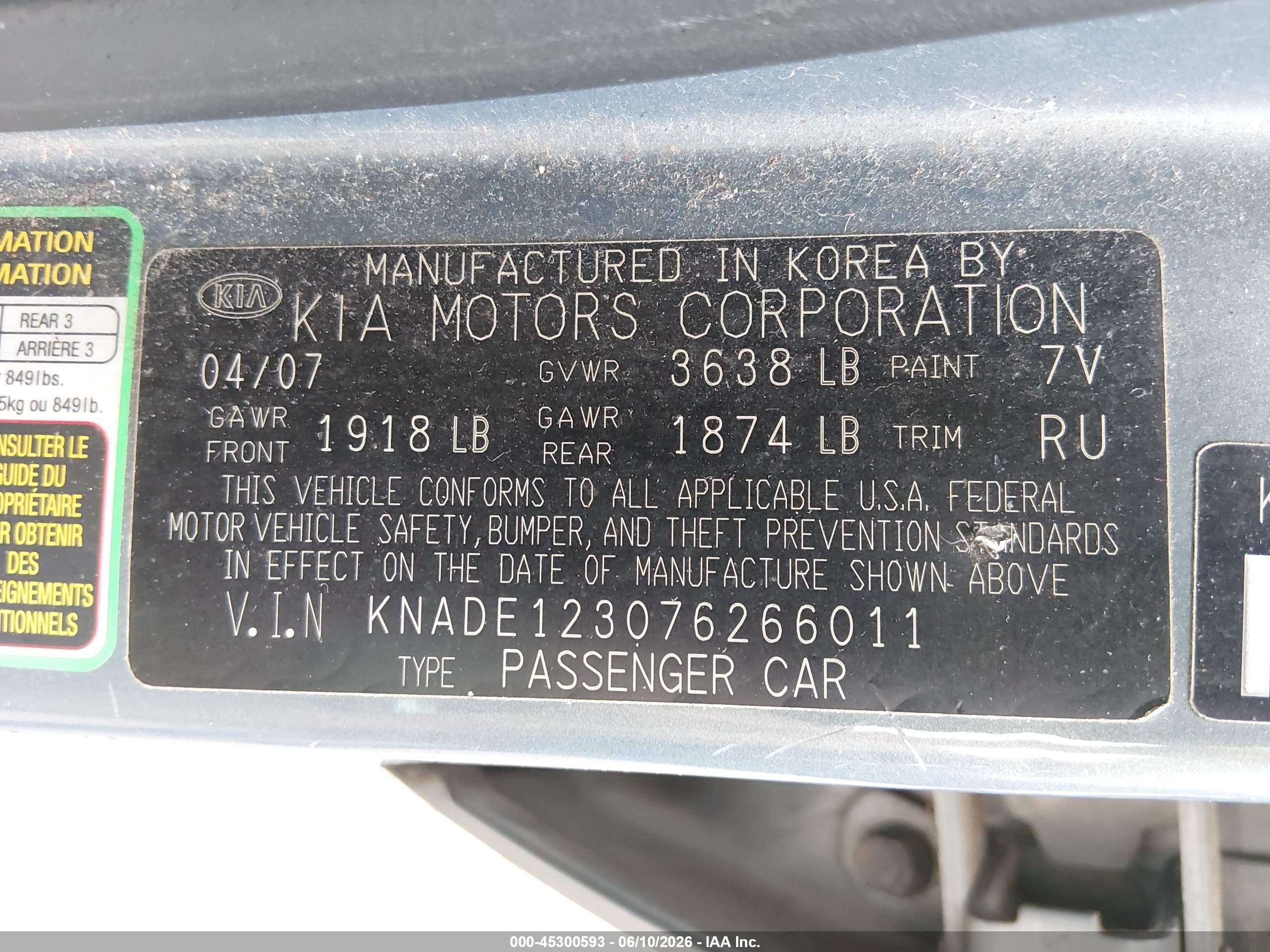 2007 Kia Rio Lx Gray vin: KNADE123076266011