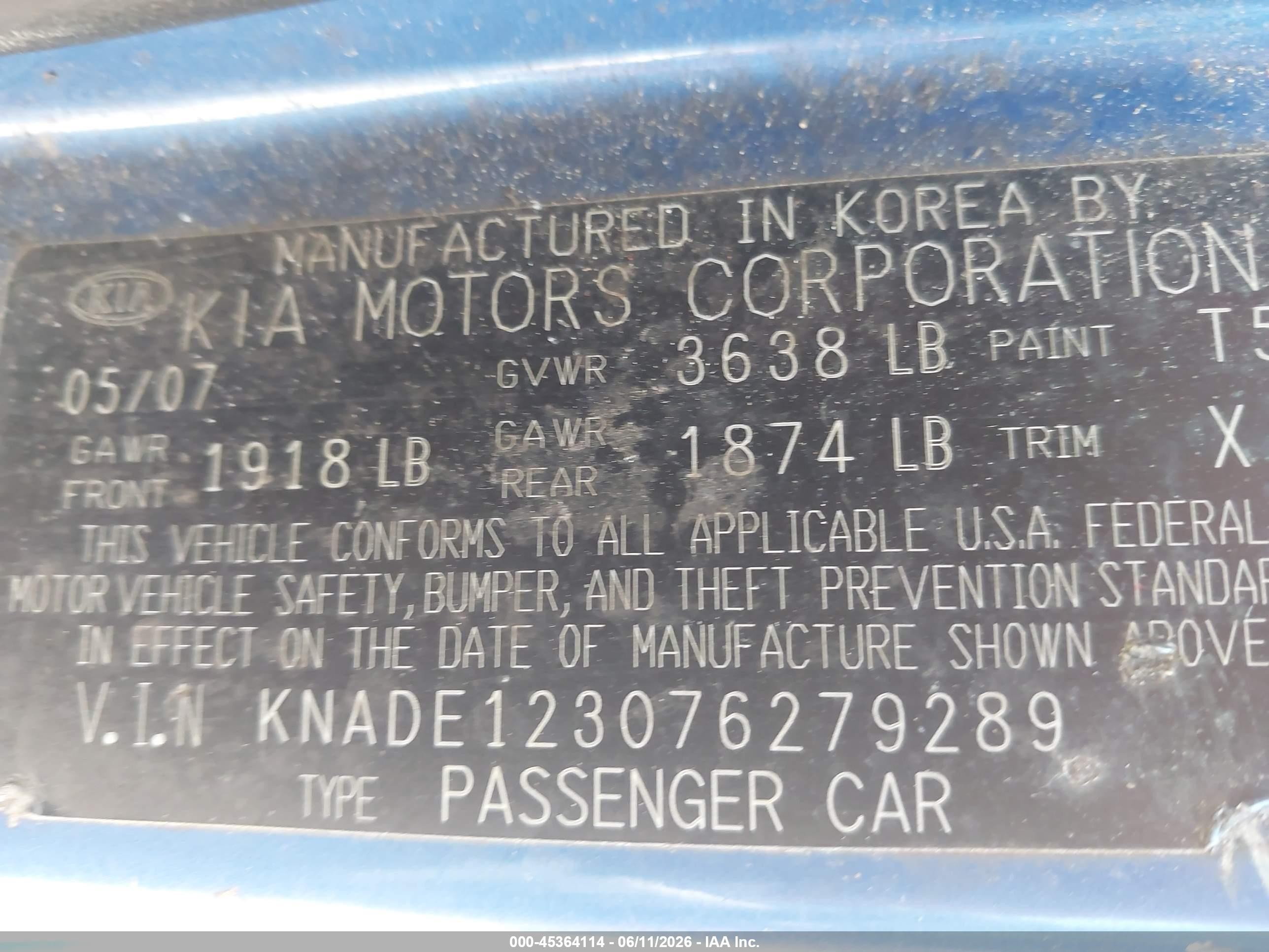 2007 Kia Rio Lx Blue vin: KNADE123076279289