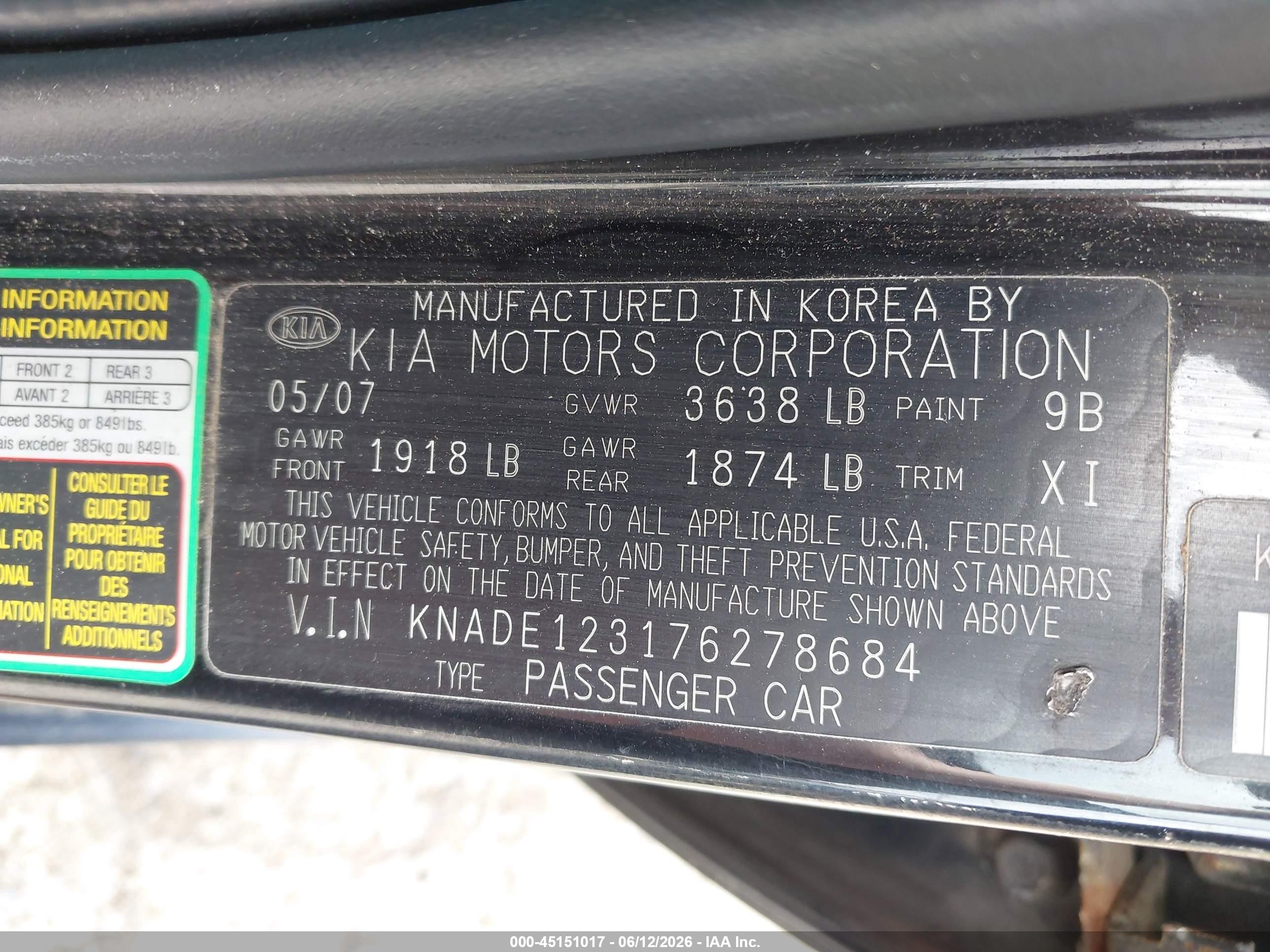 2007 Kia Rio Lx Black vin: KNADE123176278684