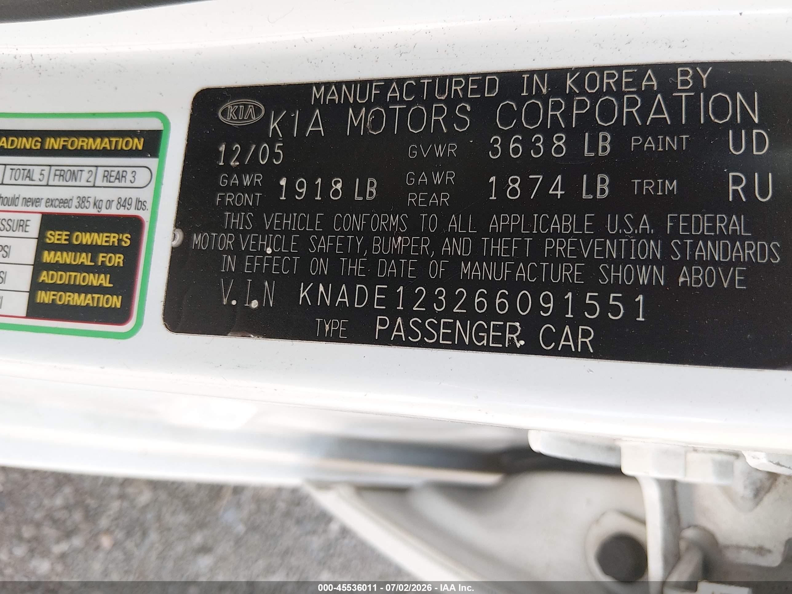 2006 Kia Rio Lx White vin: KNADE123266091551
