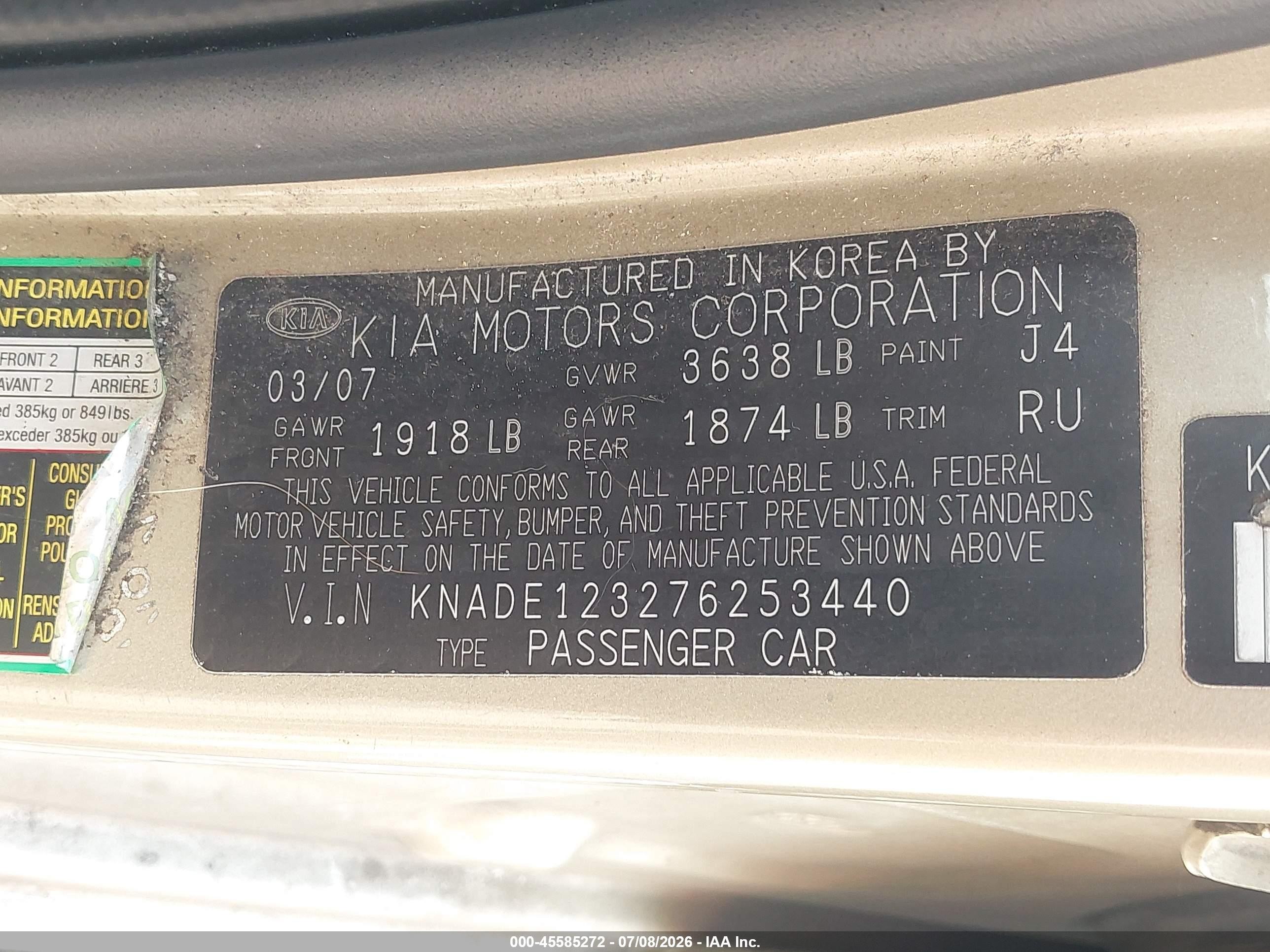 2007 Kia Rio Lx Tan vin: KNADE123276253440
