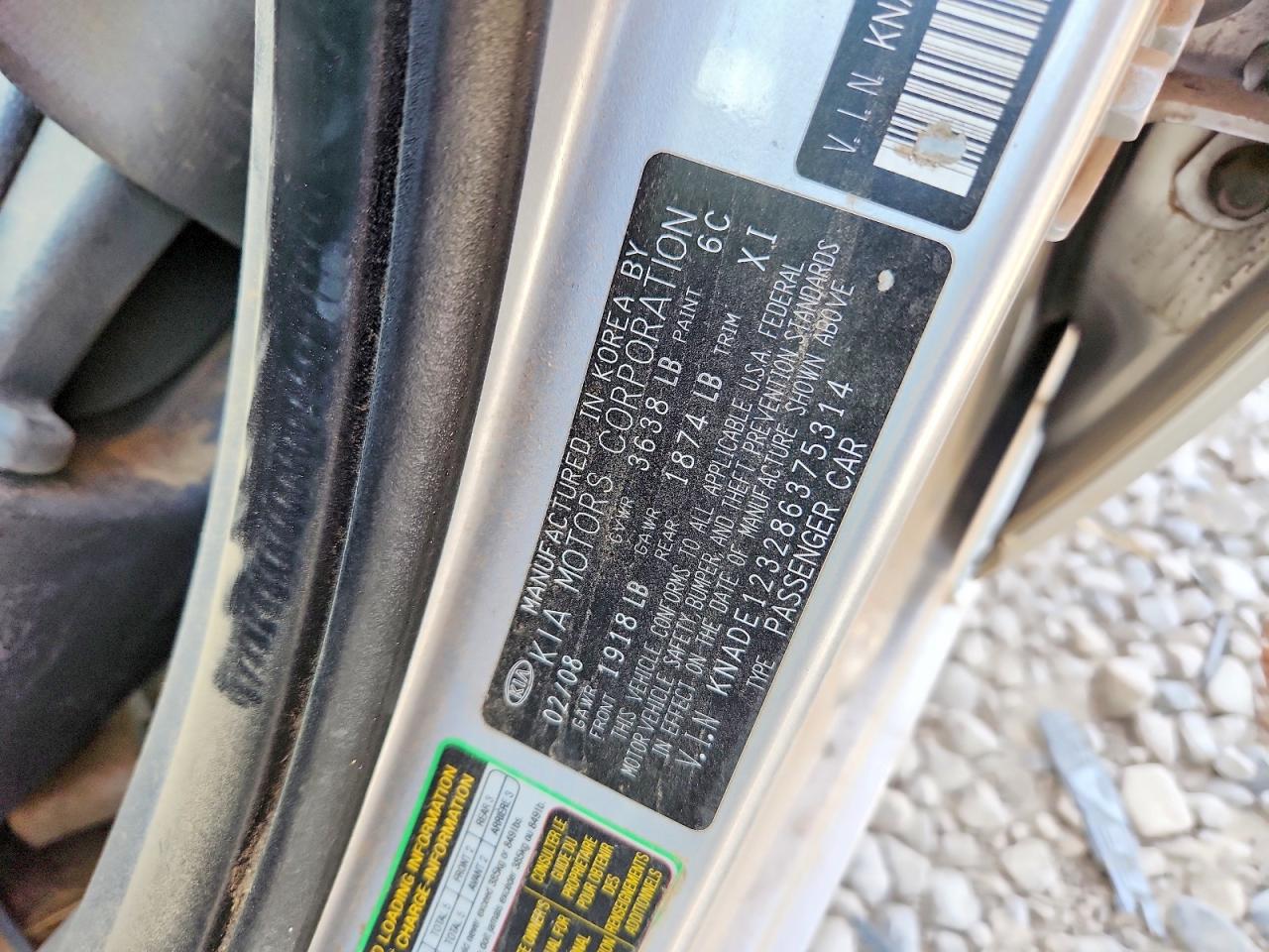 2008 Kia Rio Base/lx/sx Silver vin: KNADE123286375314