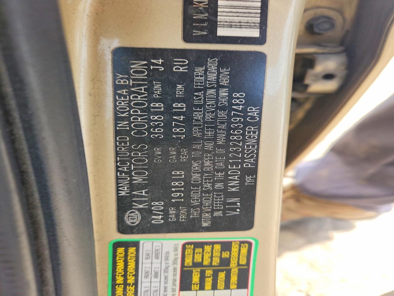 2008 Kia Rio Base Tan vin: KNADE123286397488