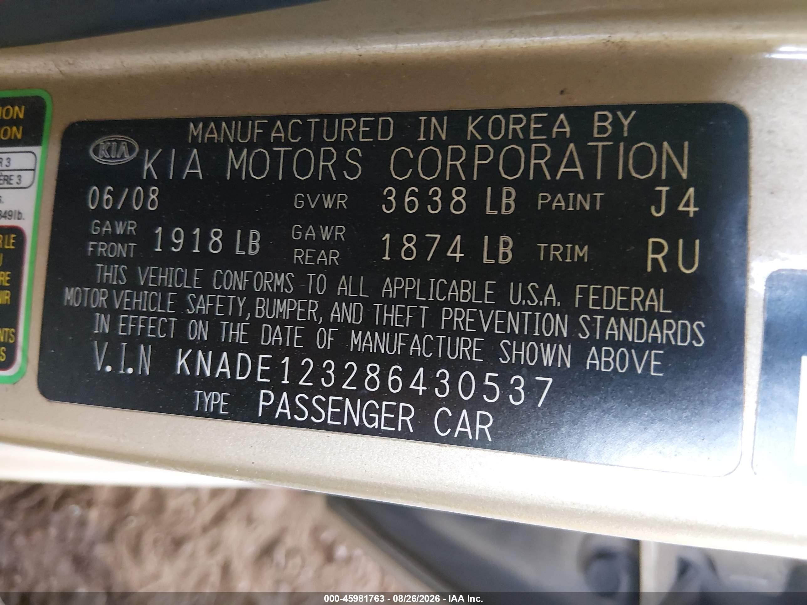 2008 Kia Rio Lx Gold vin: KNADE123286430537