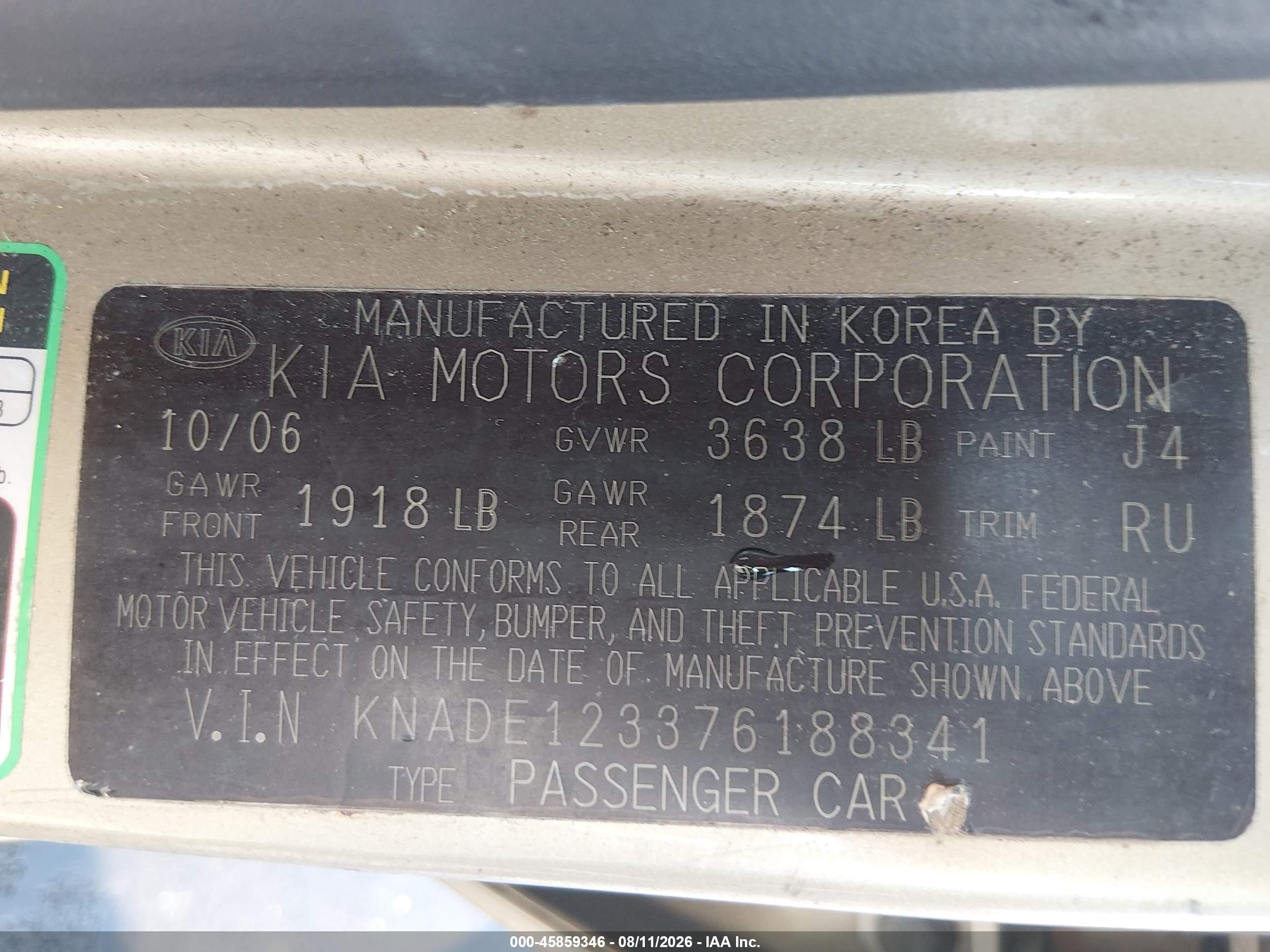 2007 Kia Rio Lx Gold vin: KNADE123376188341