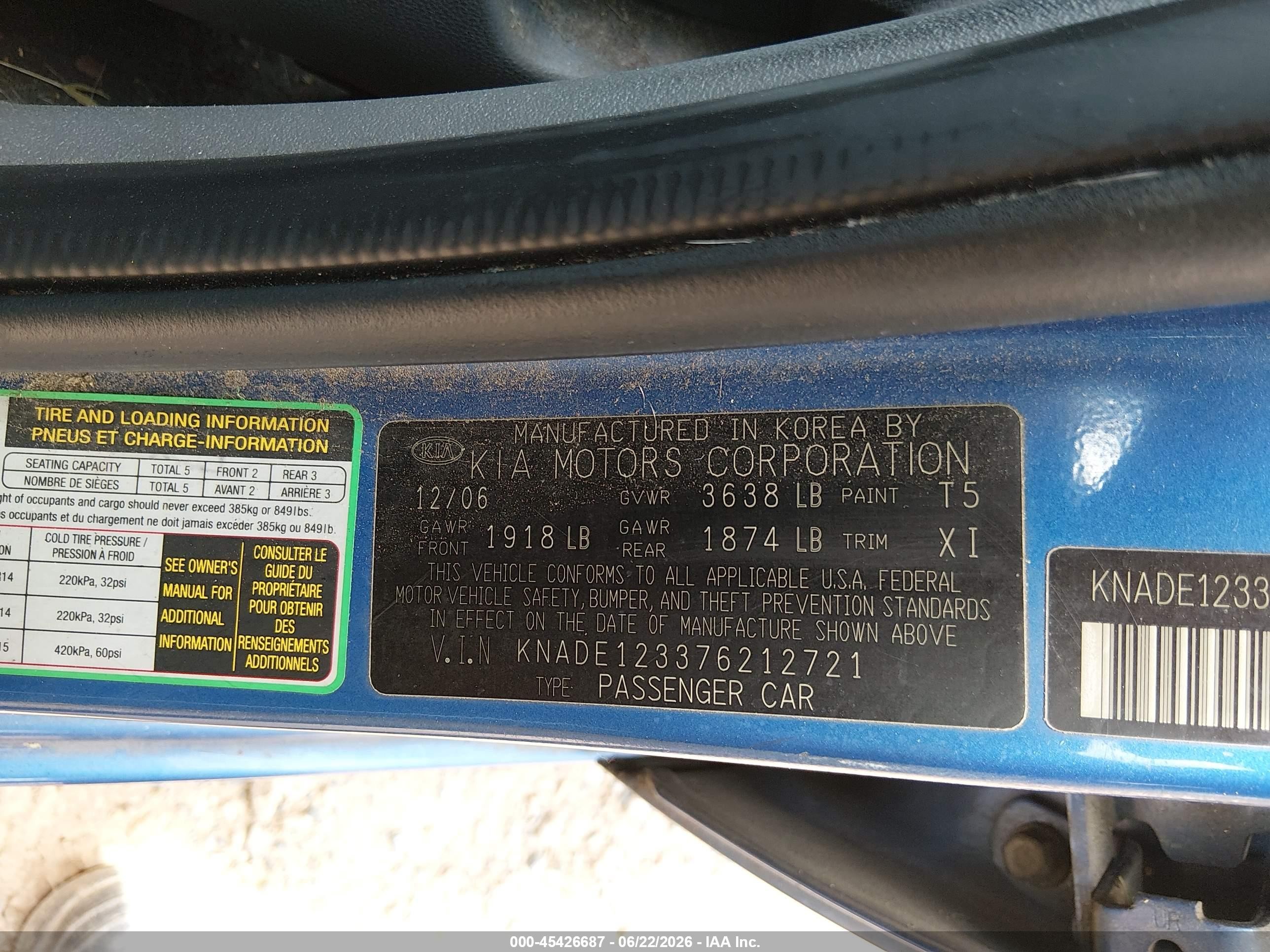 2007 Kia Rio Lx Blue vin: KNADE123376212721