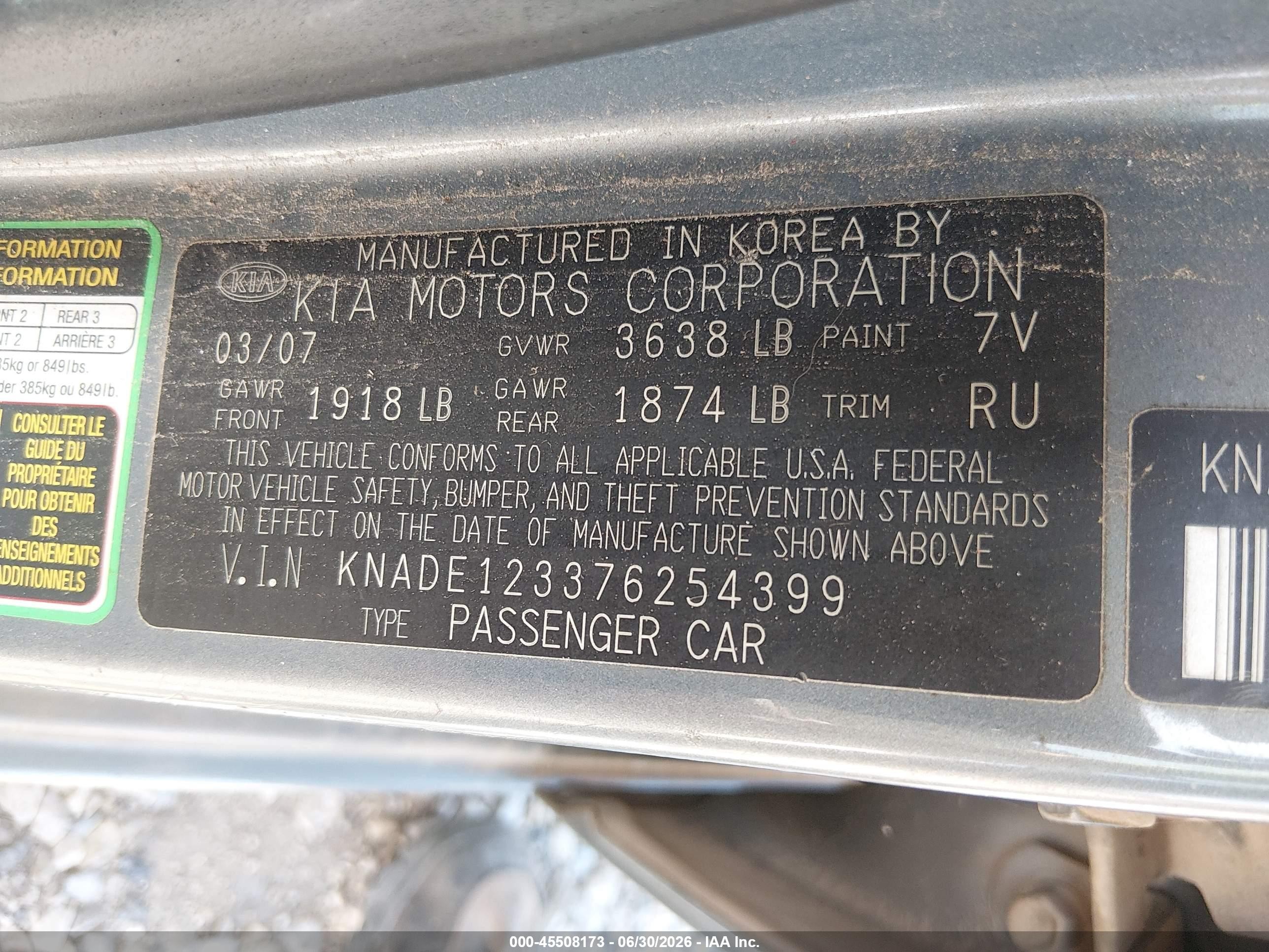 2007 Kia Rio Lx Gray vin: KNADE123376254399