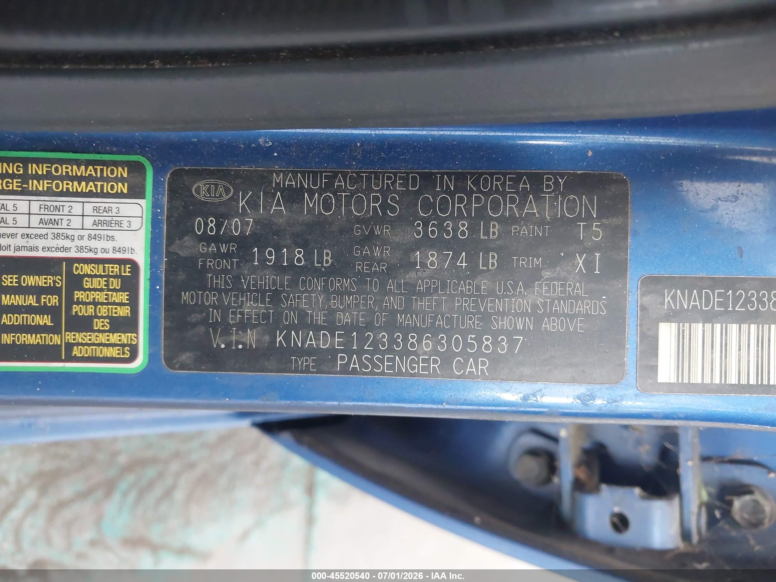 2008 Kia Rio Lx Blue vin: KNADE123386305837