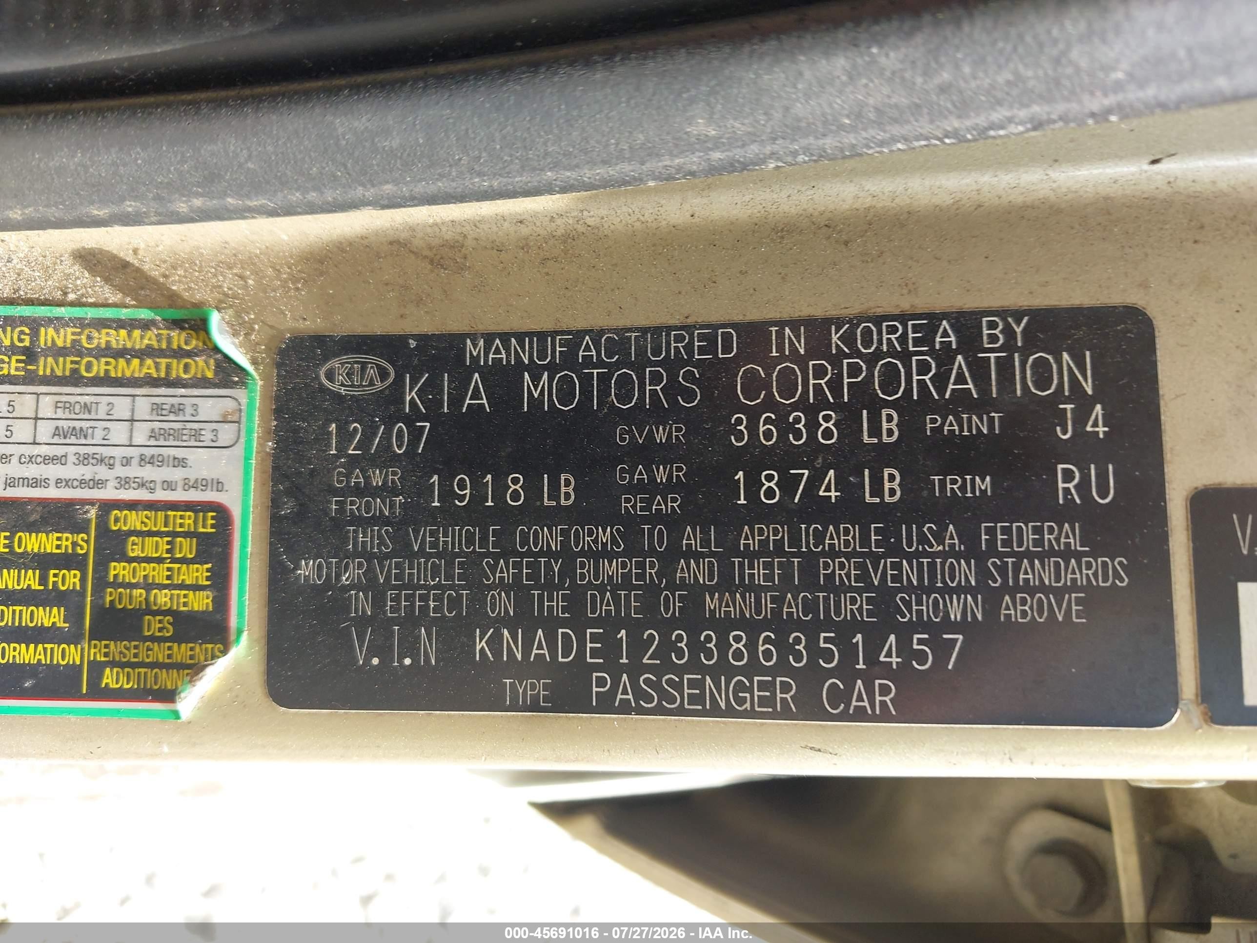 2008 Kia Rio Lx Champagne vin: KNADE123386351457