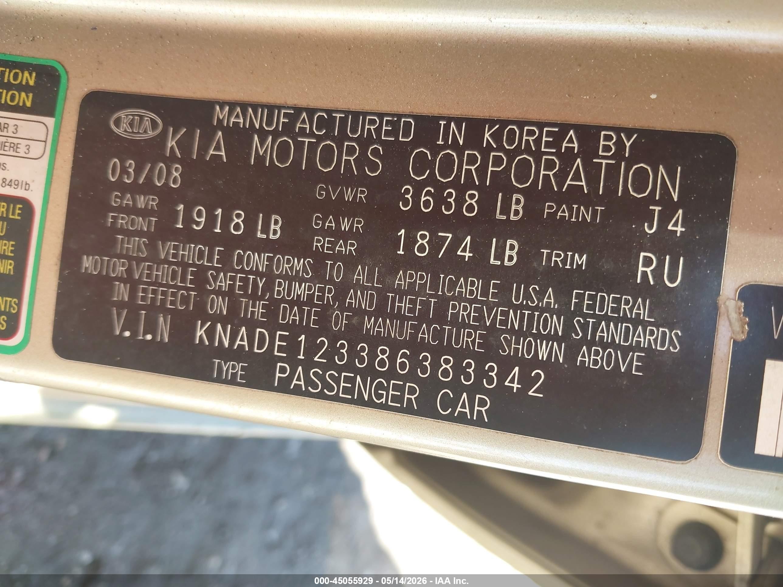 2008 Kia Rio Lx Green vin: KNADE123386383342