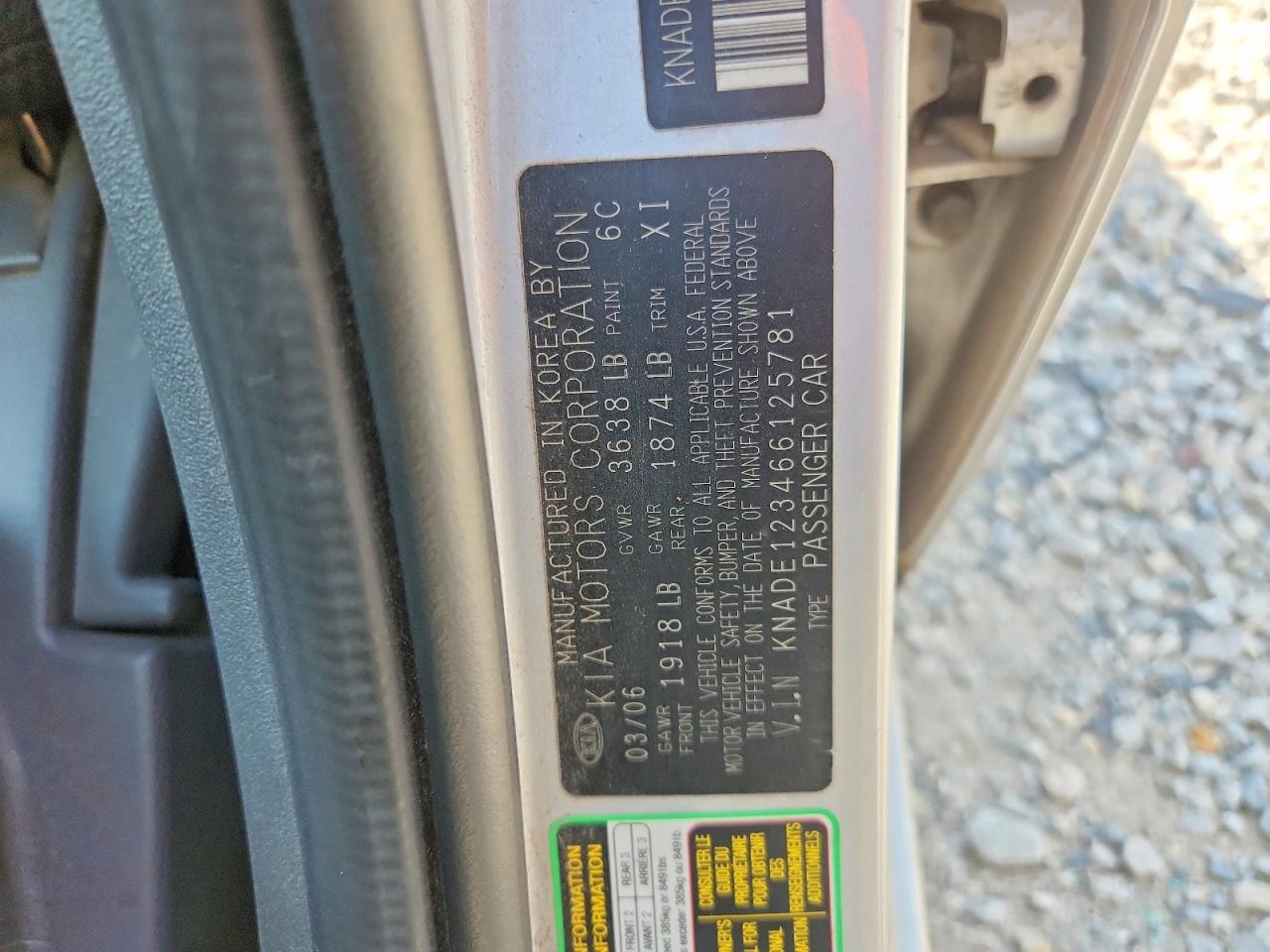 2006 Kia Rio Base Gray vin: KNADE123466125781