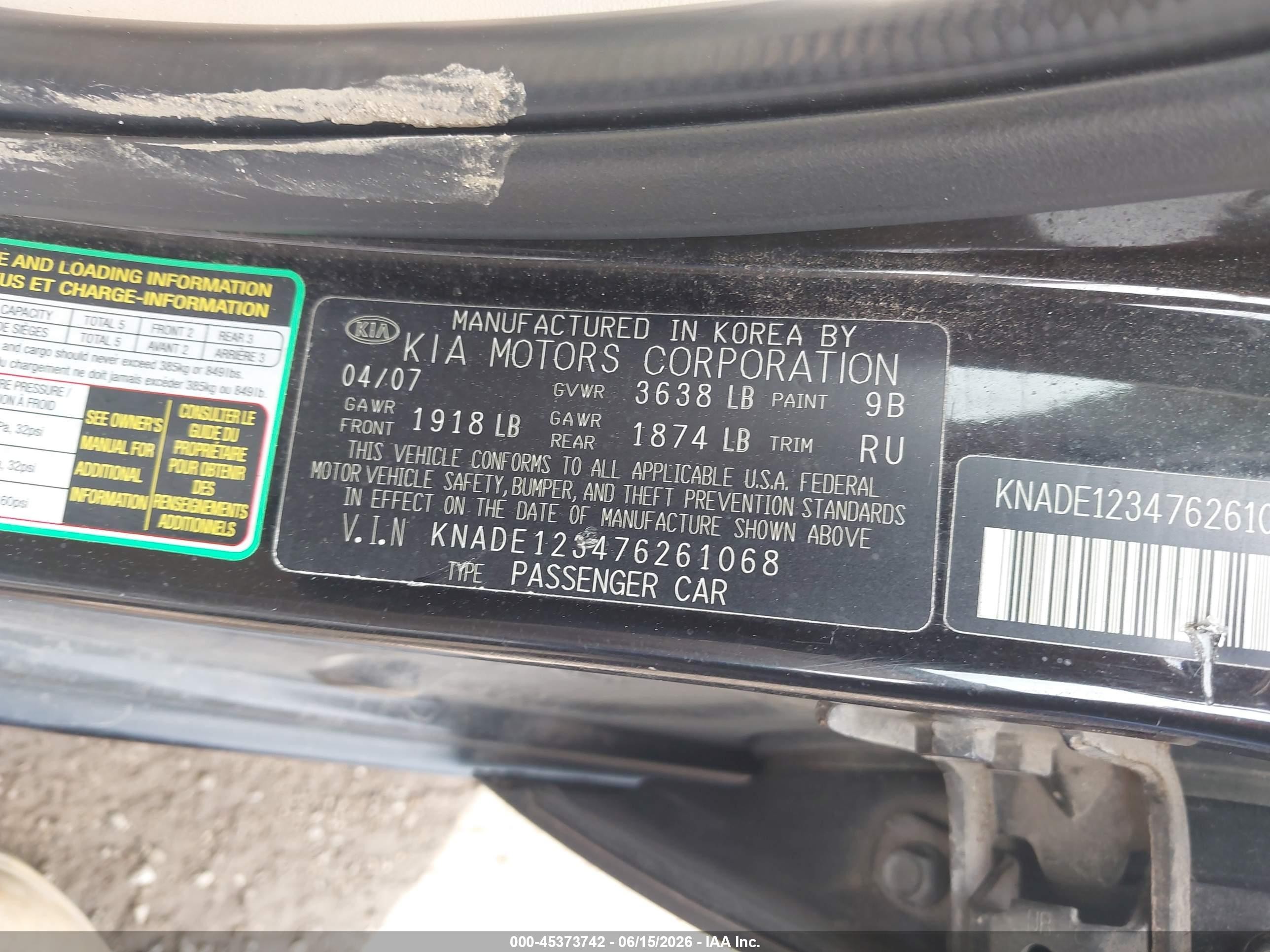 2007 Kia Rio Lx Black vin: KNADE123476261068