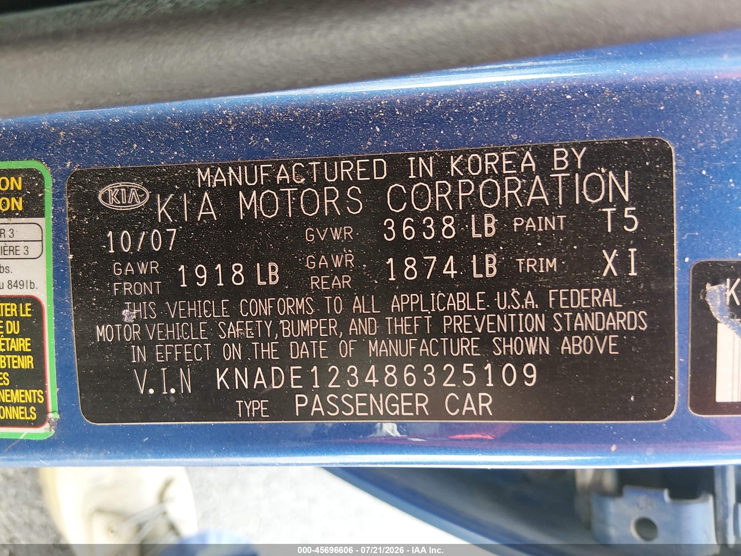 2008 Kia Rio Lx Blue vin: KNADE123486325109