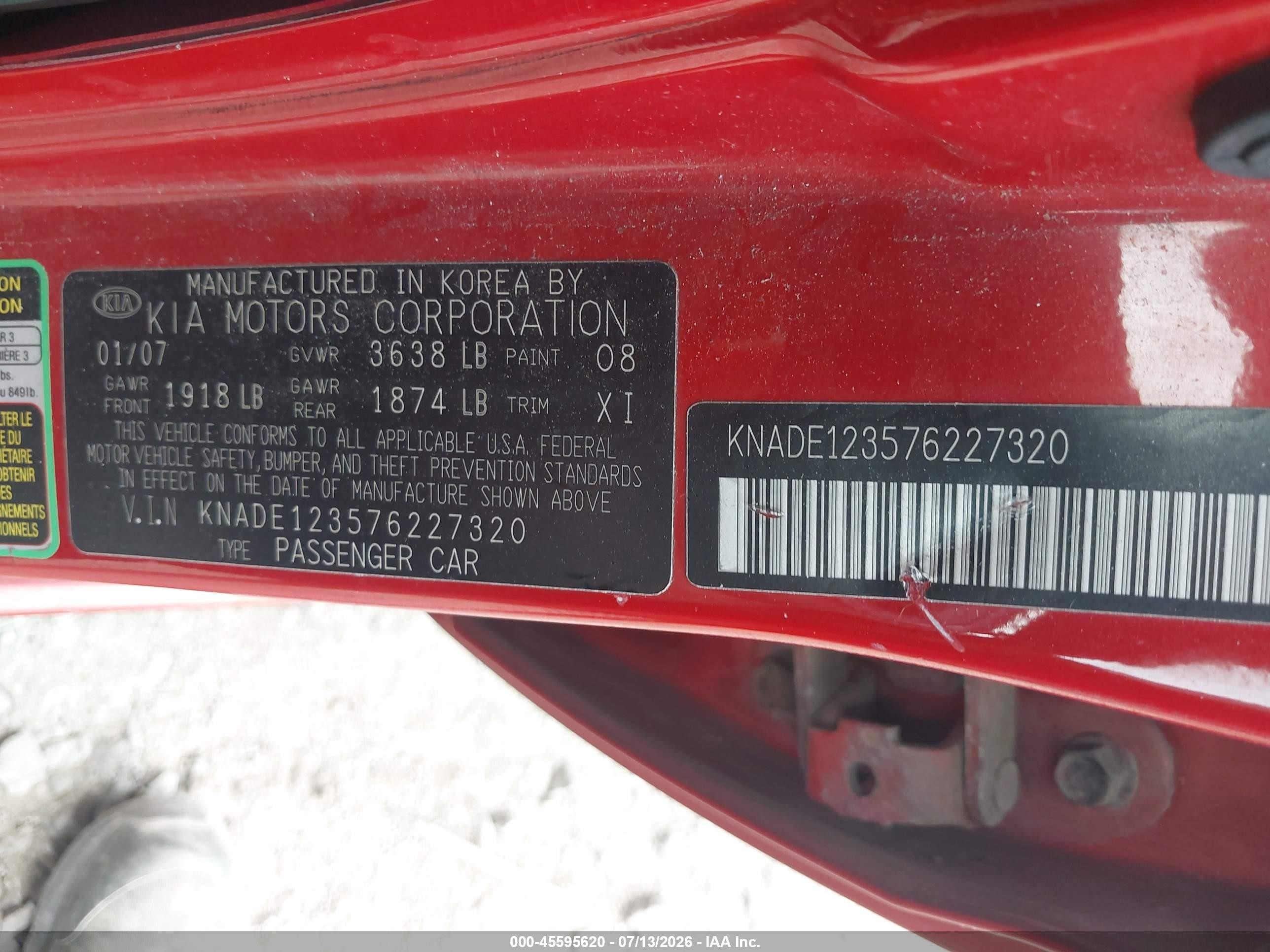 2007 Kia Rio Lx Orange vin: KNADE123576227320