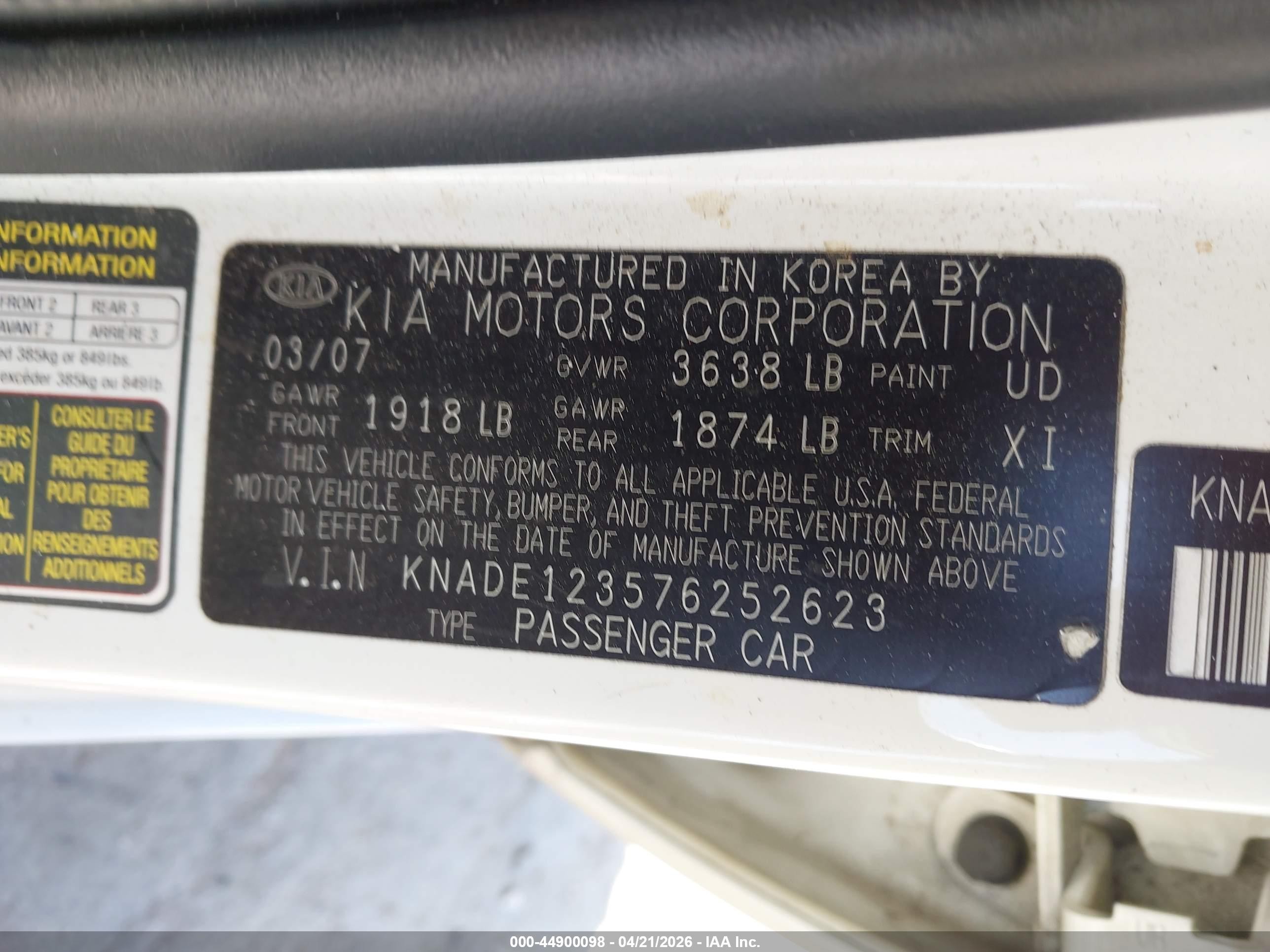 2007 Kia Rio Sx White vin: KNADE123576252623