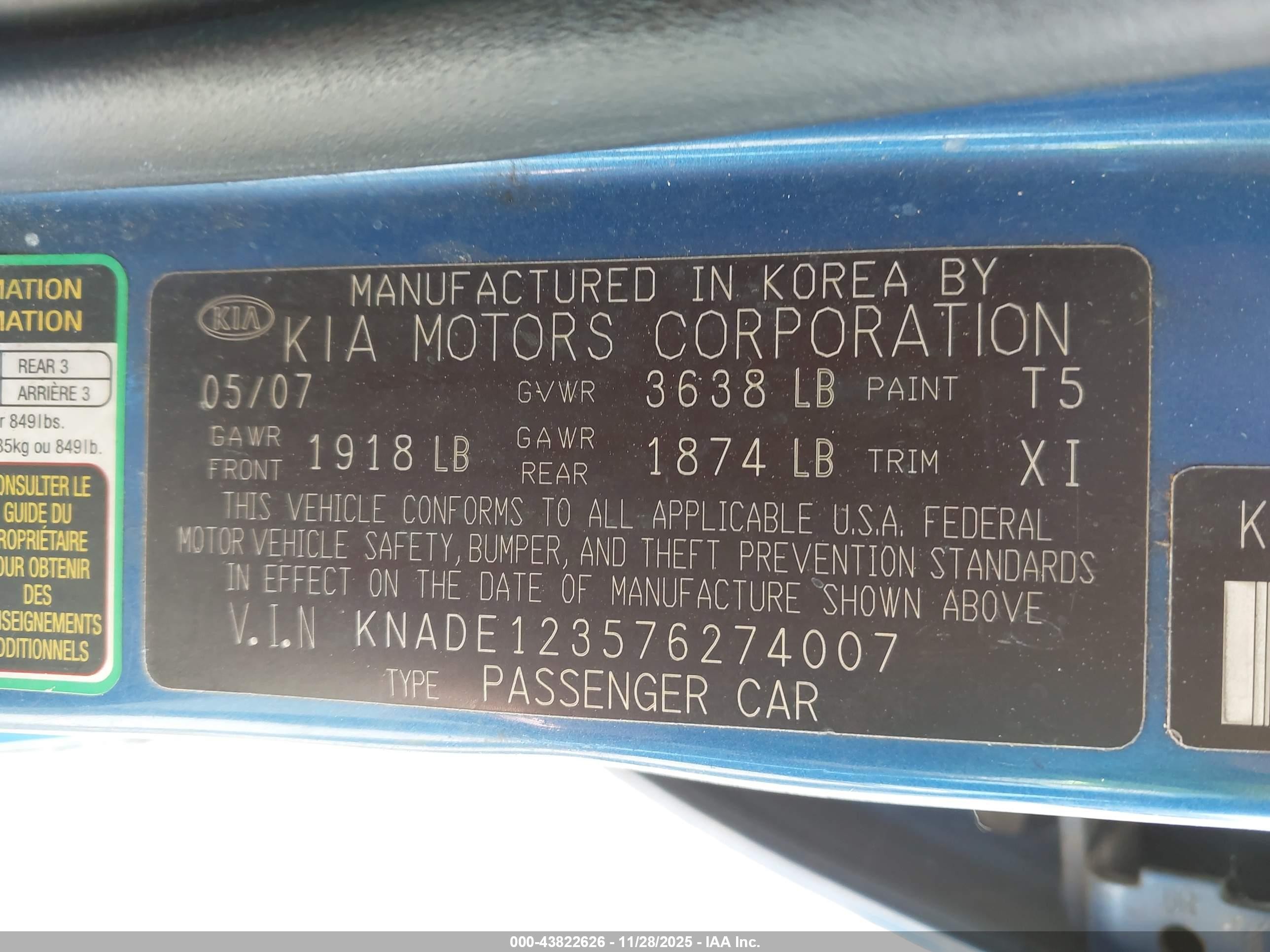 2007 Kia Rio Lx Blue vin: KNADE123576274007
