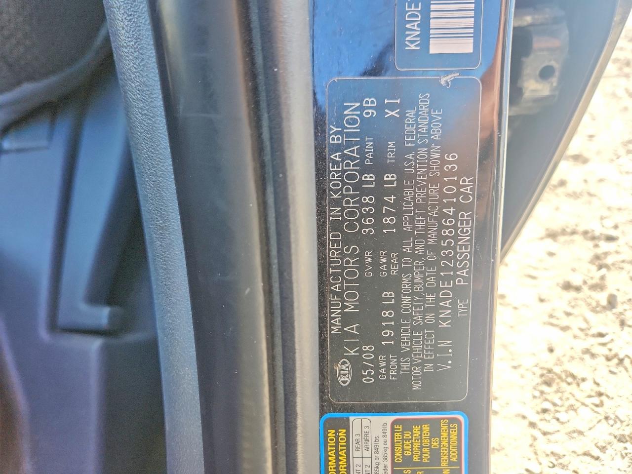 2008 Kia Rio Base Black vin: KNADE123586410136
