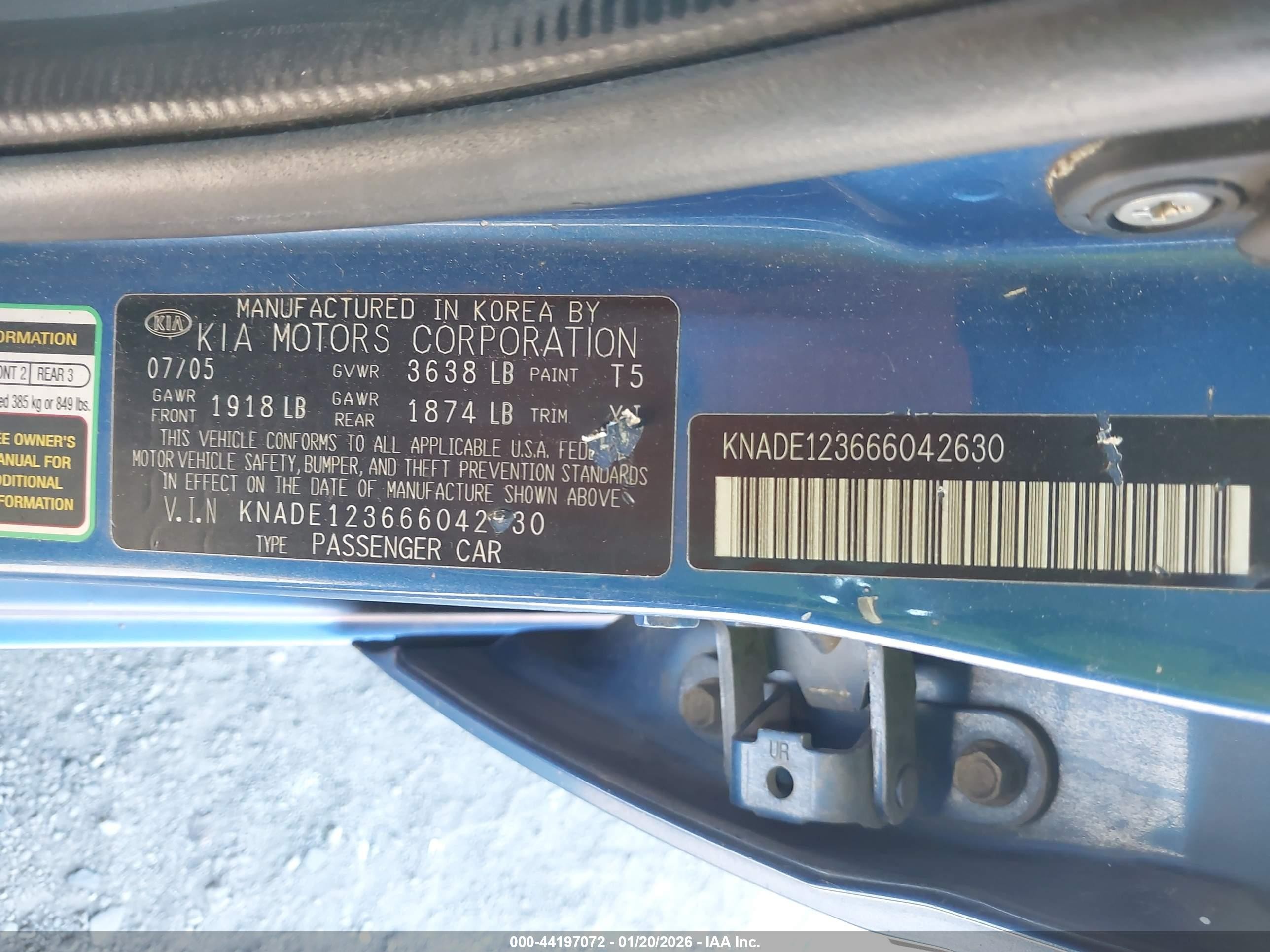 2006 Kia Rio Lx Blue vin: KNADE123666042630