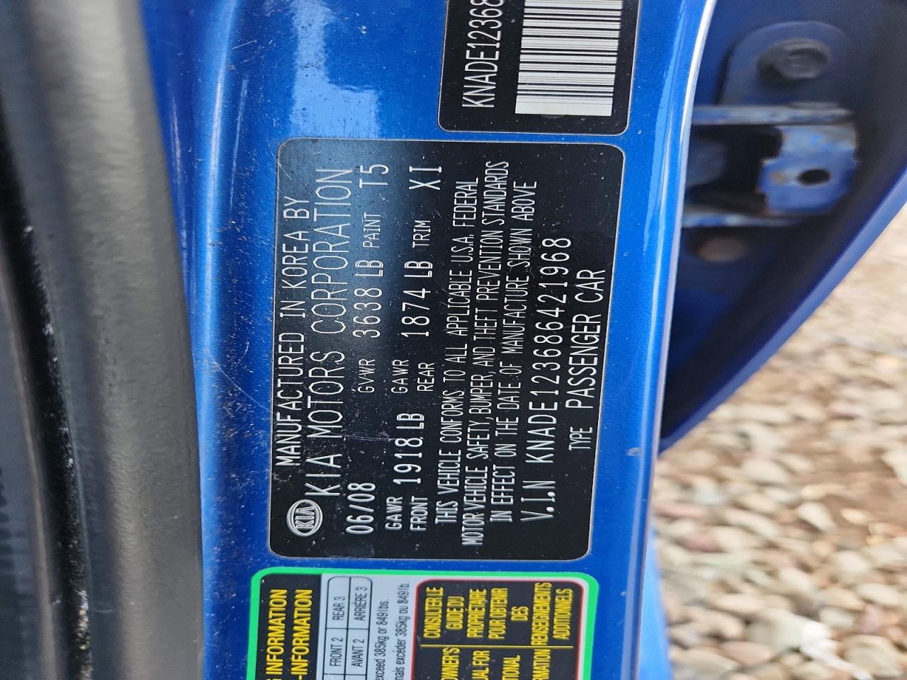 2008 Kia Rio Base Blue vin: KNADE123686421968