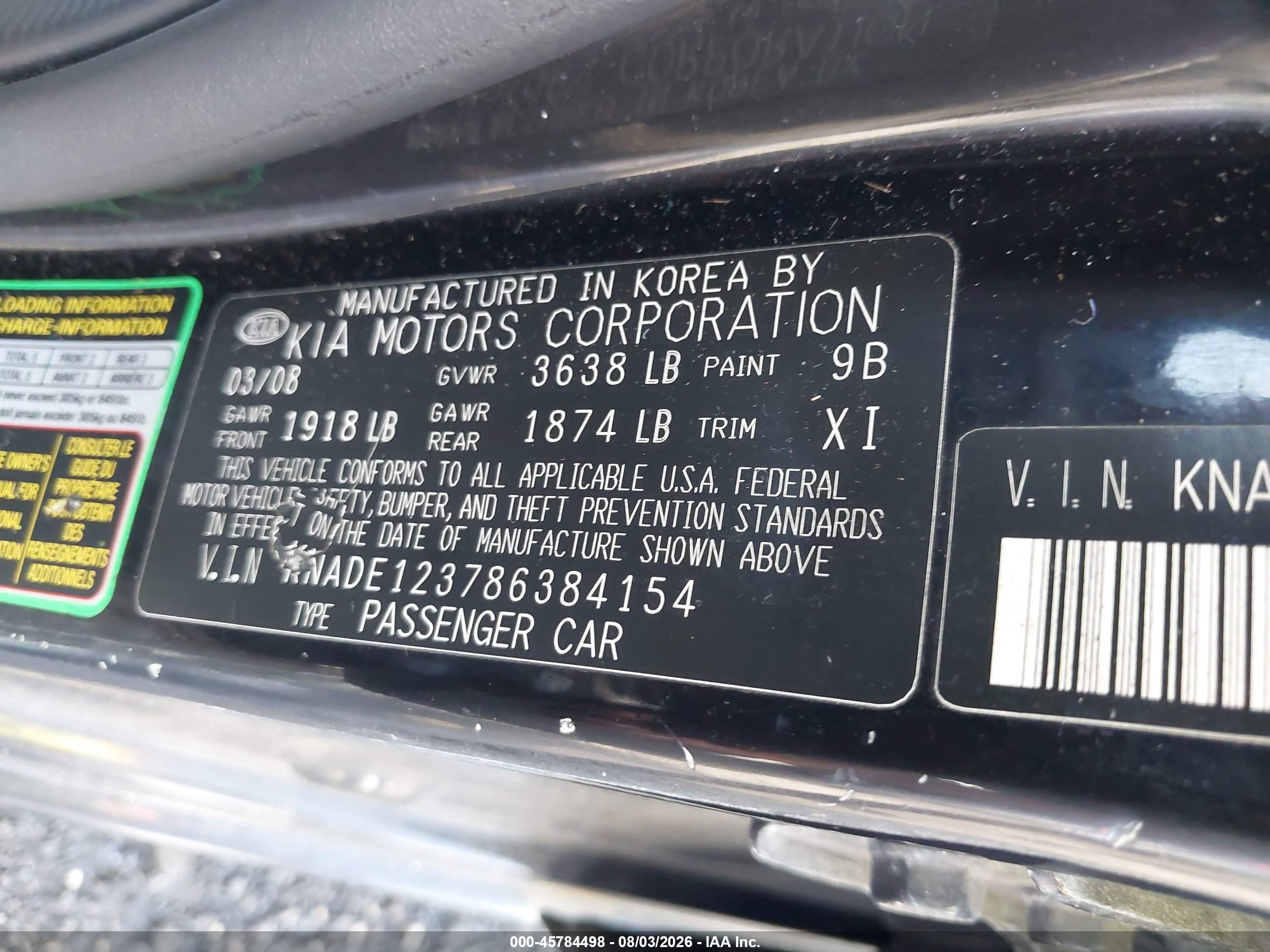 2008 Kia Rio Lx/sx Black vin: KNADE123786384154