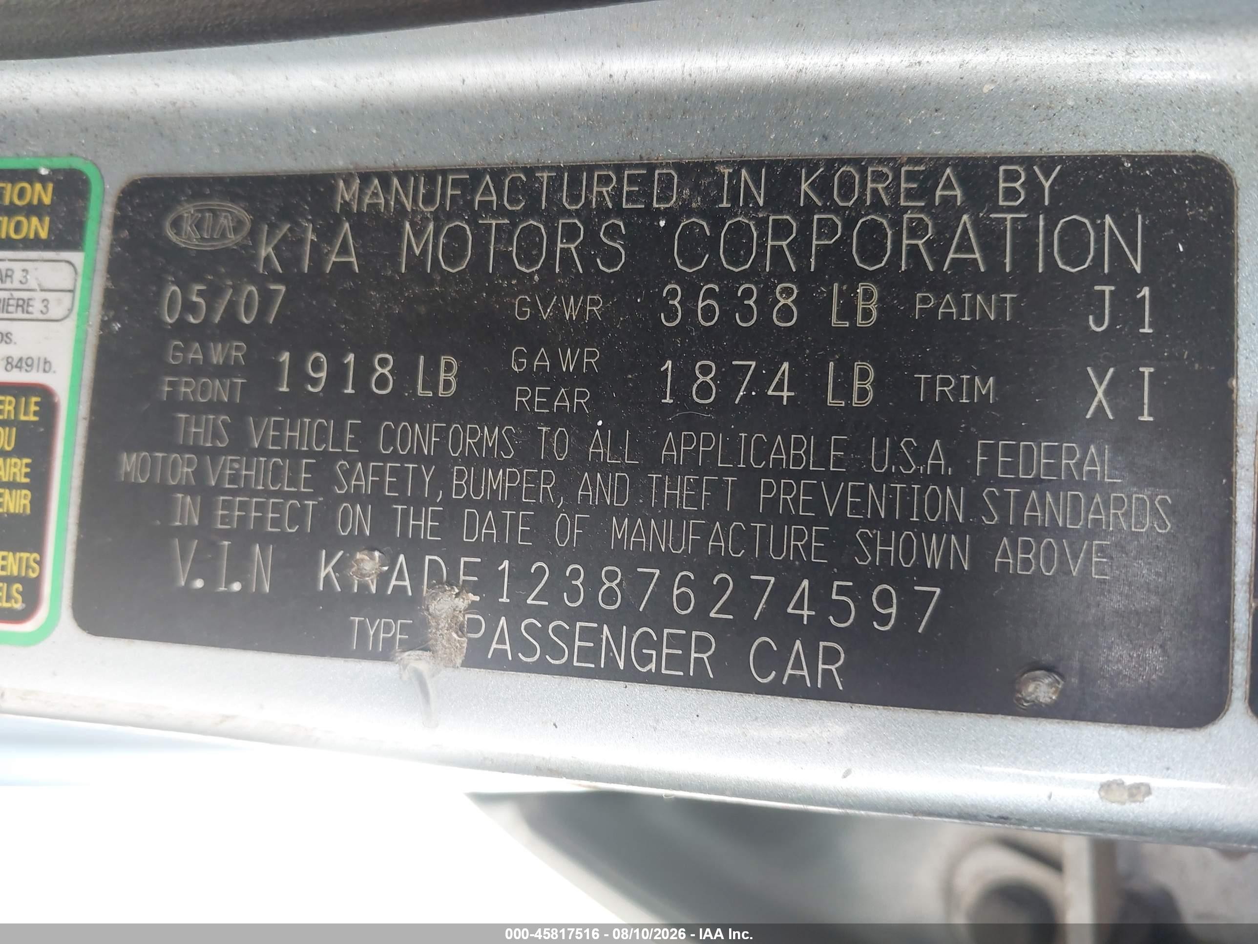 2007 Kia Rio Lx Silver vin: KNADE123876274597