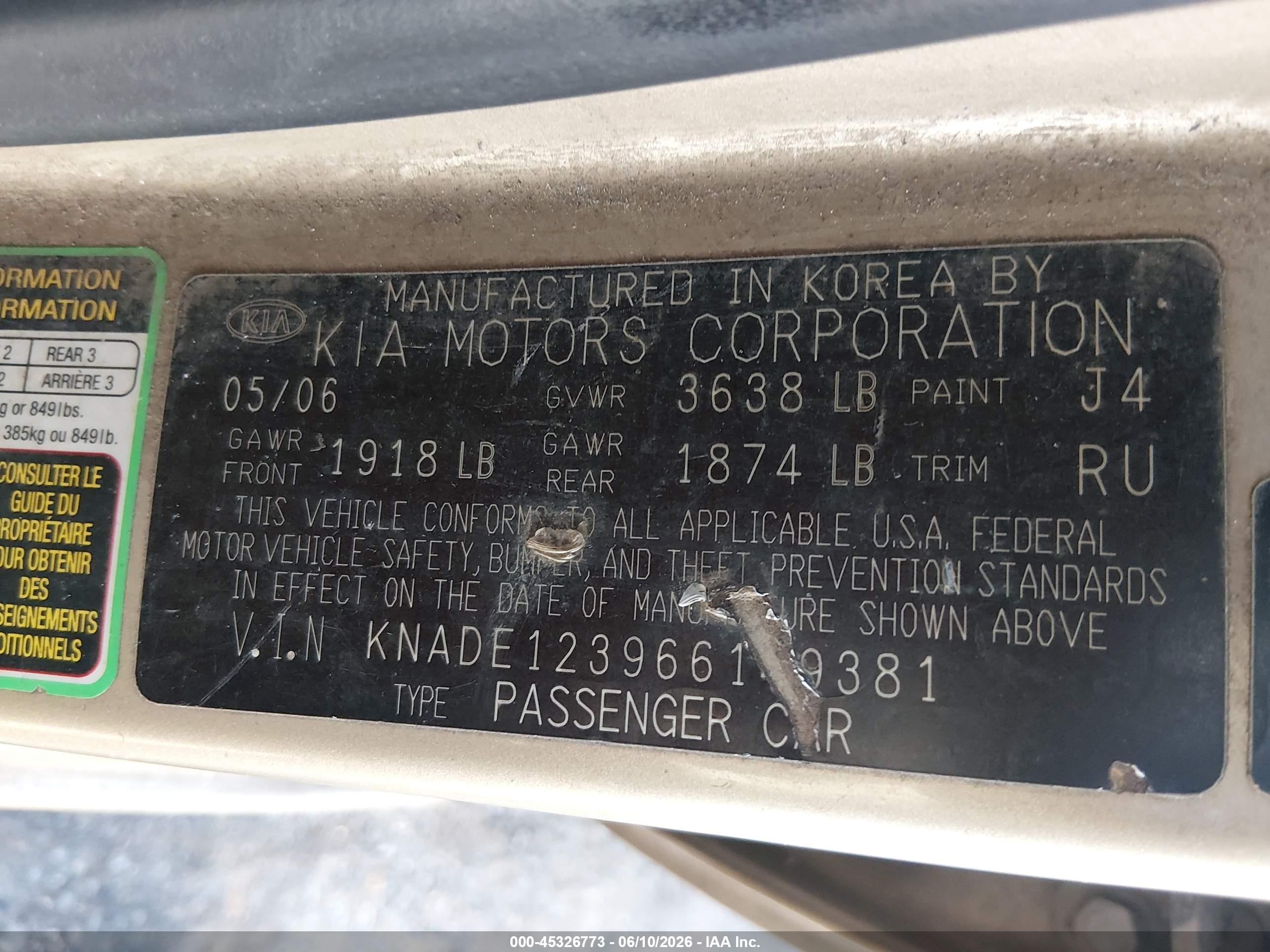 2006 Kia Rio Lx Gold vin: KNADE123966149381