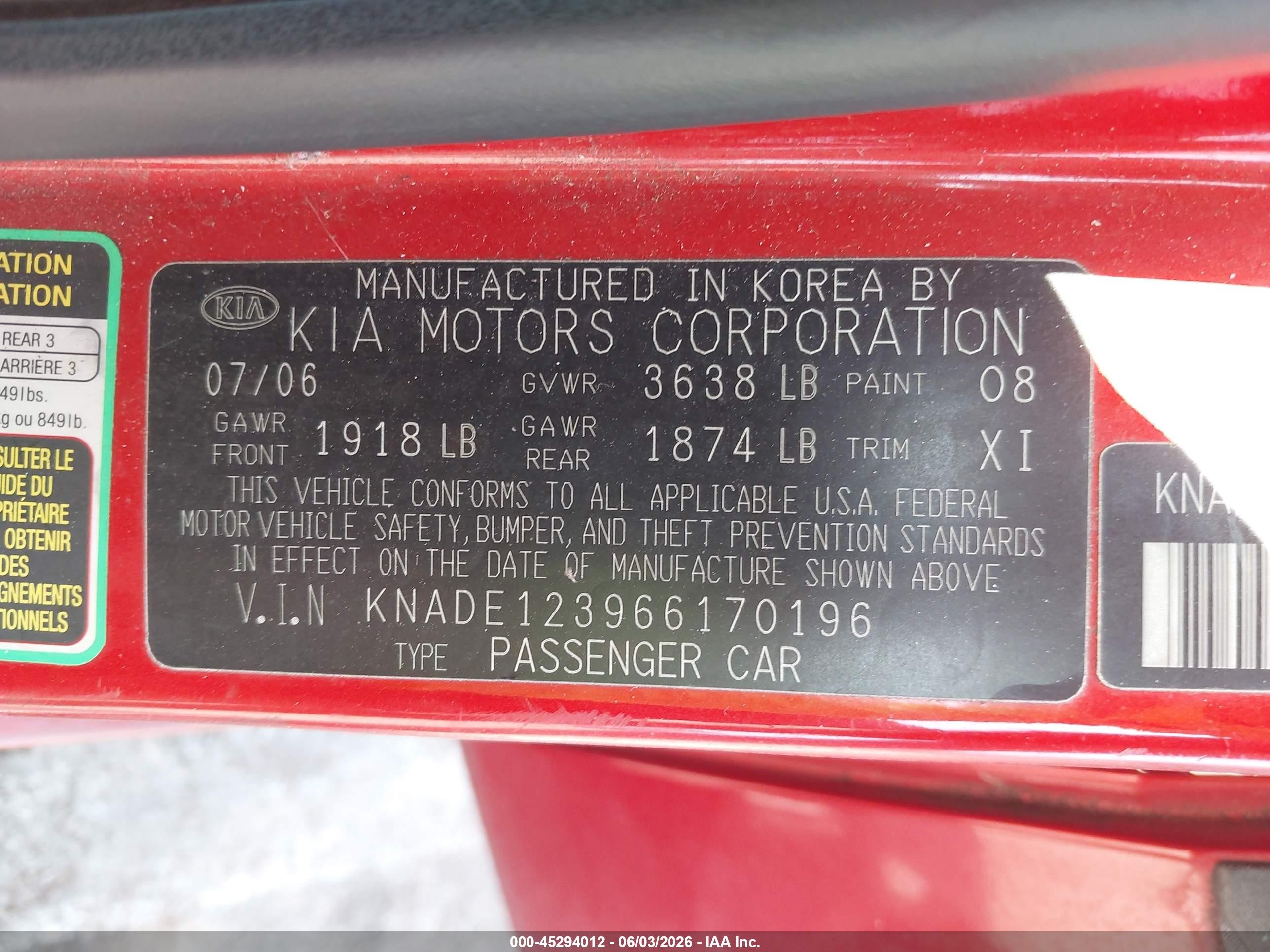 2006 Kia Rio Lx Red vin: KNADE123966170196
