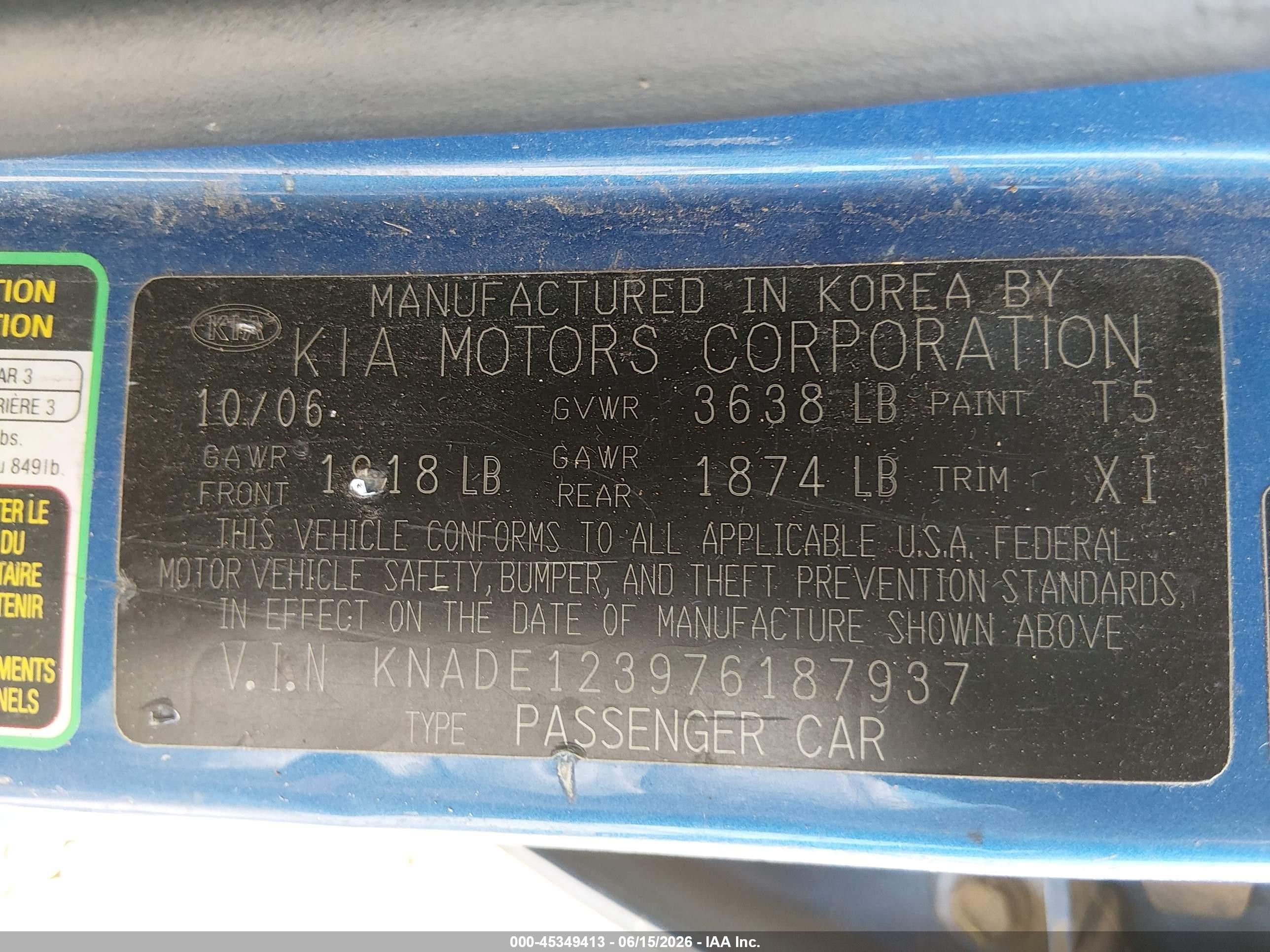 2007 Kia Rio Lx Blue vin: KNADE123976187937