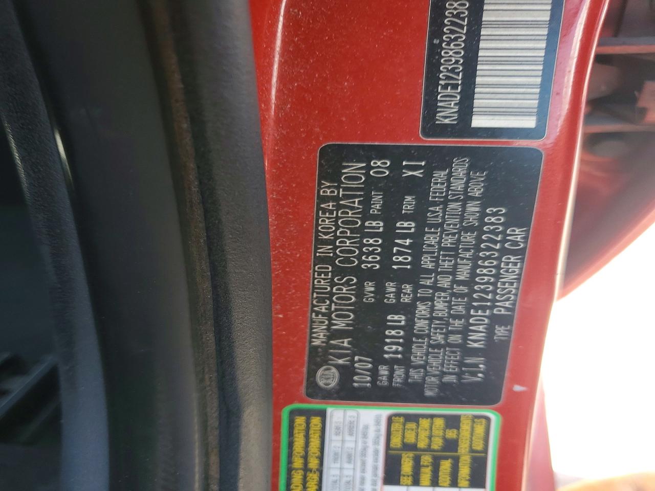 2008 Kia Rio Base Orange vin: KNADE123986322383