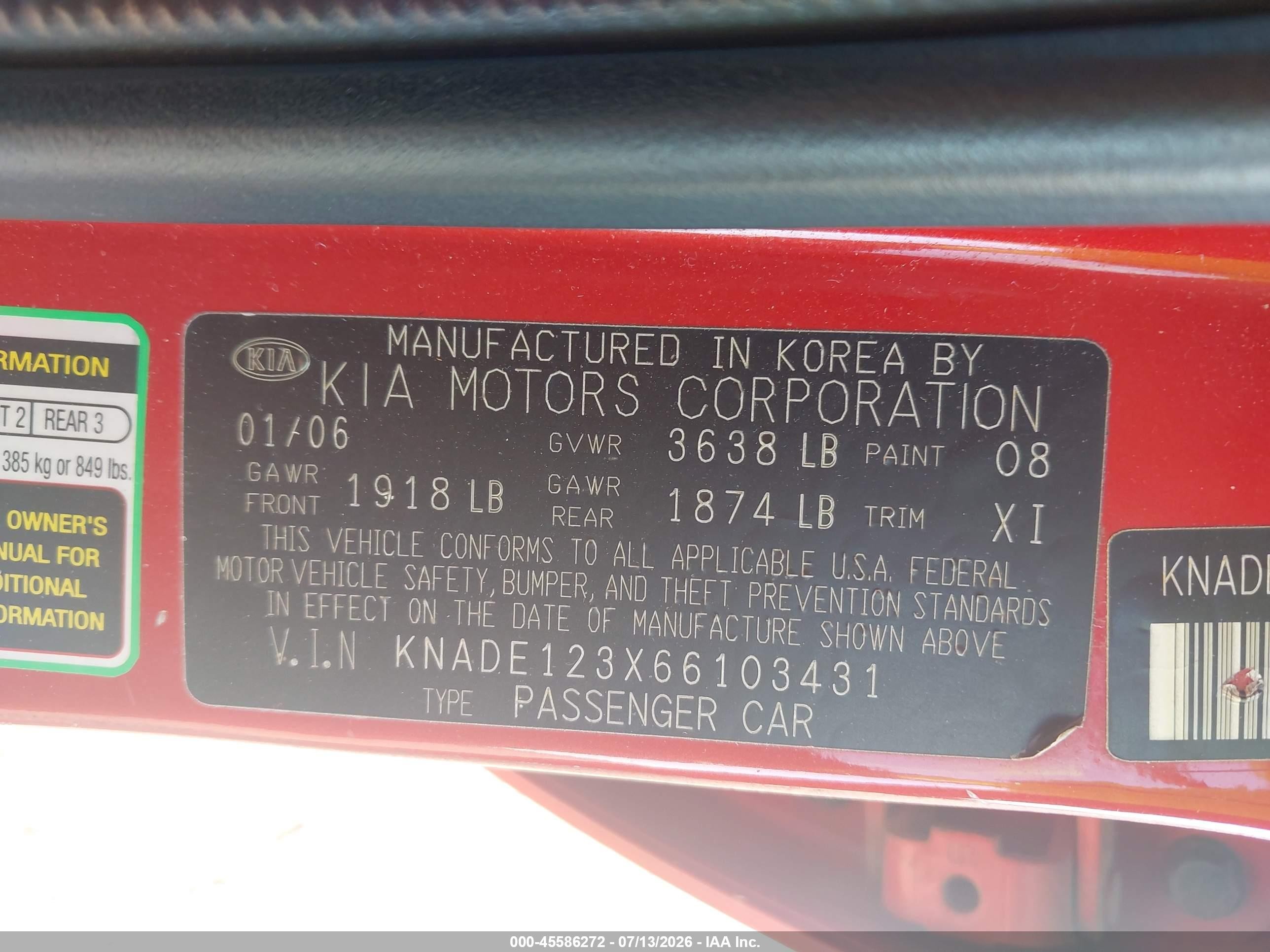2006 Kia Rio Lx Red vin: KNADE123X66103431