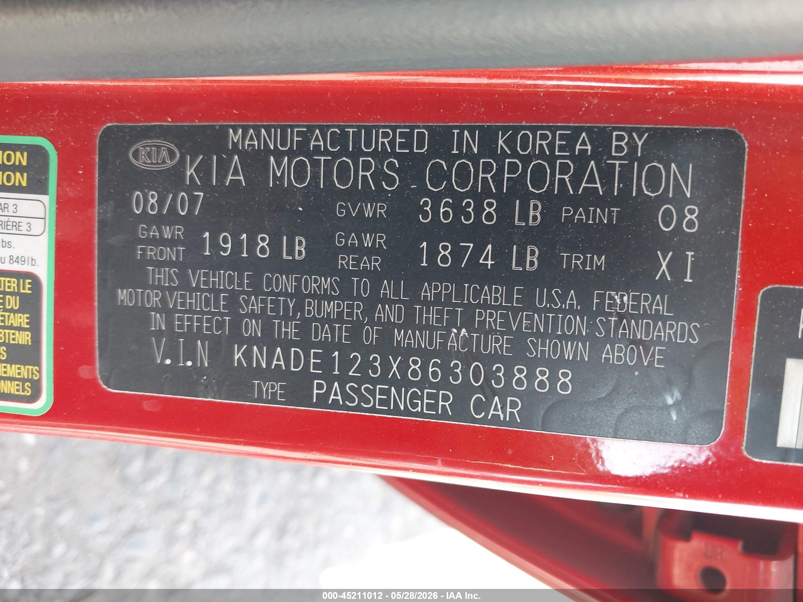 2008 Kia Rio Lx Оранжевый vin: KNADE123X86303888