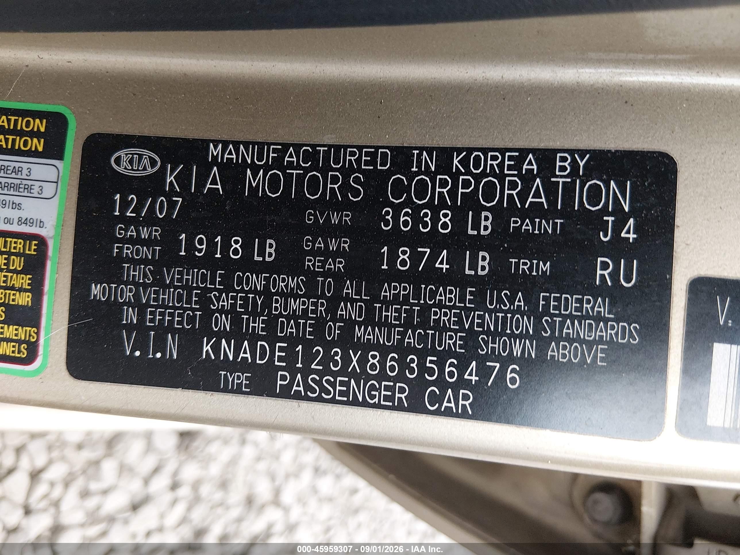 2008 Kia Rio Lx Золотой vin: KNADE123X86356476