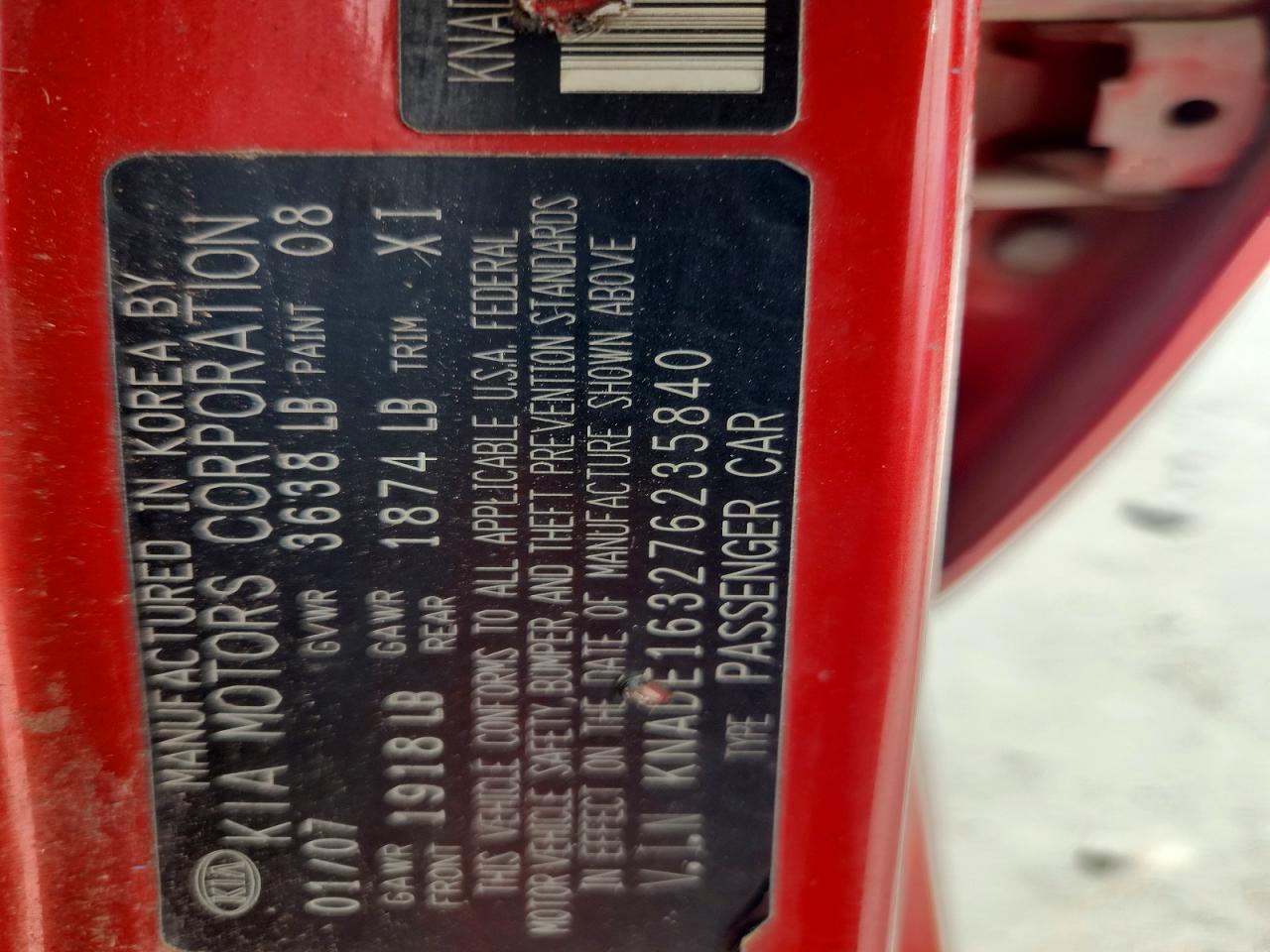 2007 Kia Rio 5 Sx Red vin: KNADE163276235840